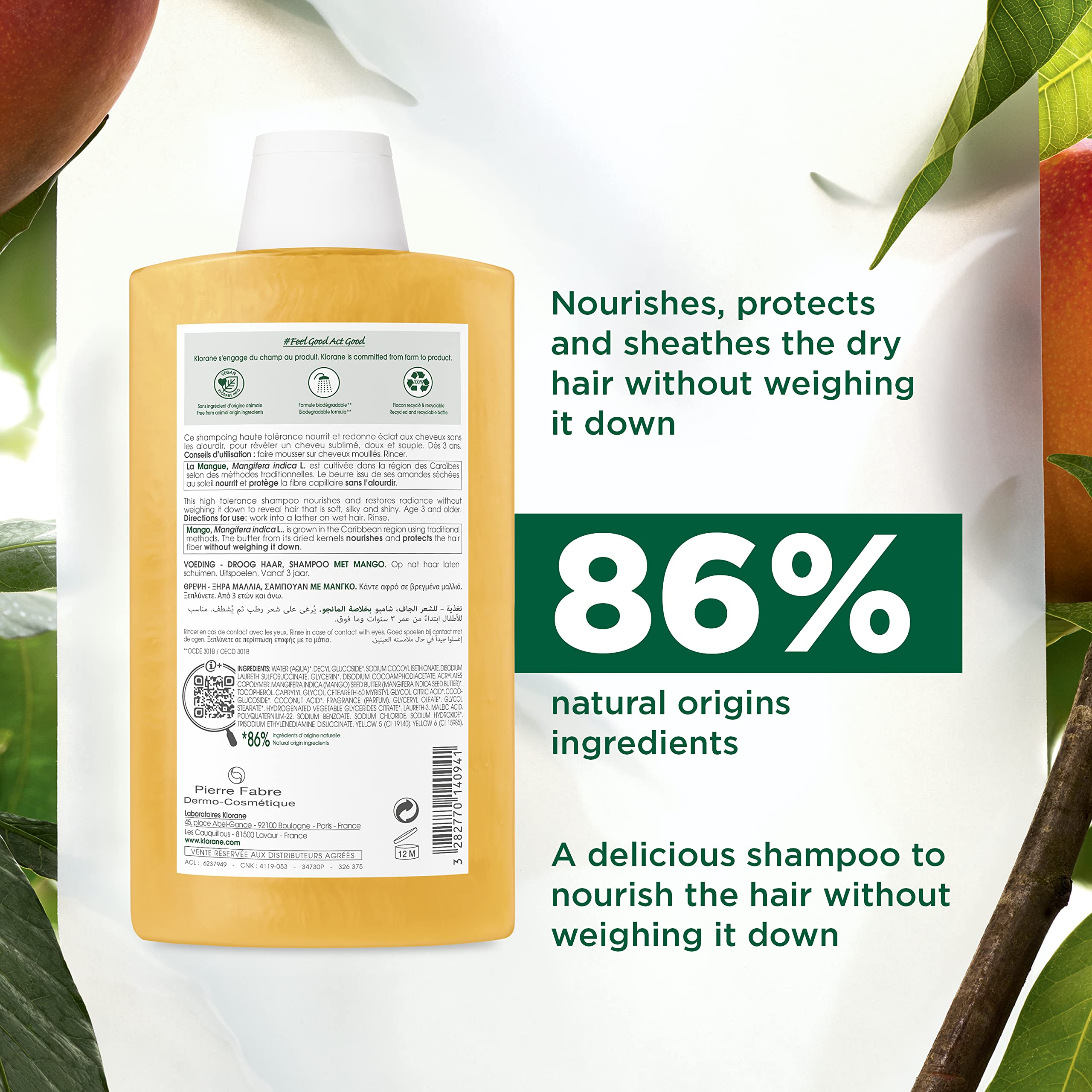 Klorane Nourishing Shampoo with Mango Butter, Moisturize and Hydrate Dry Hair, Paraben, Silicone, SLS Free, 13.5 Fl Oz