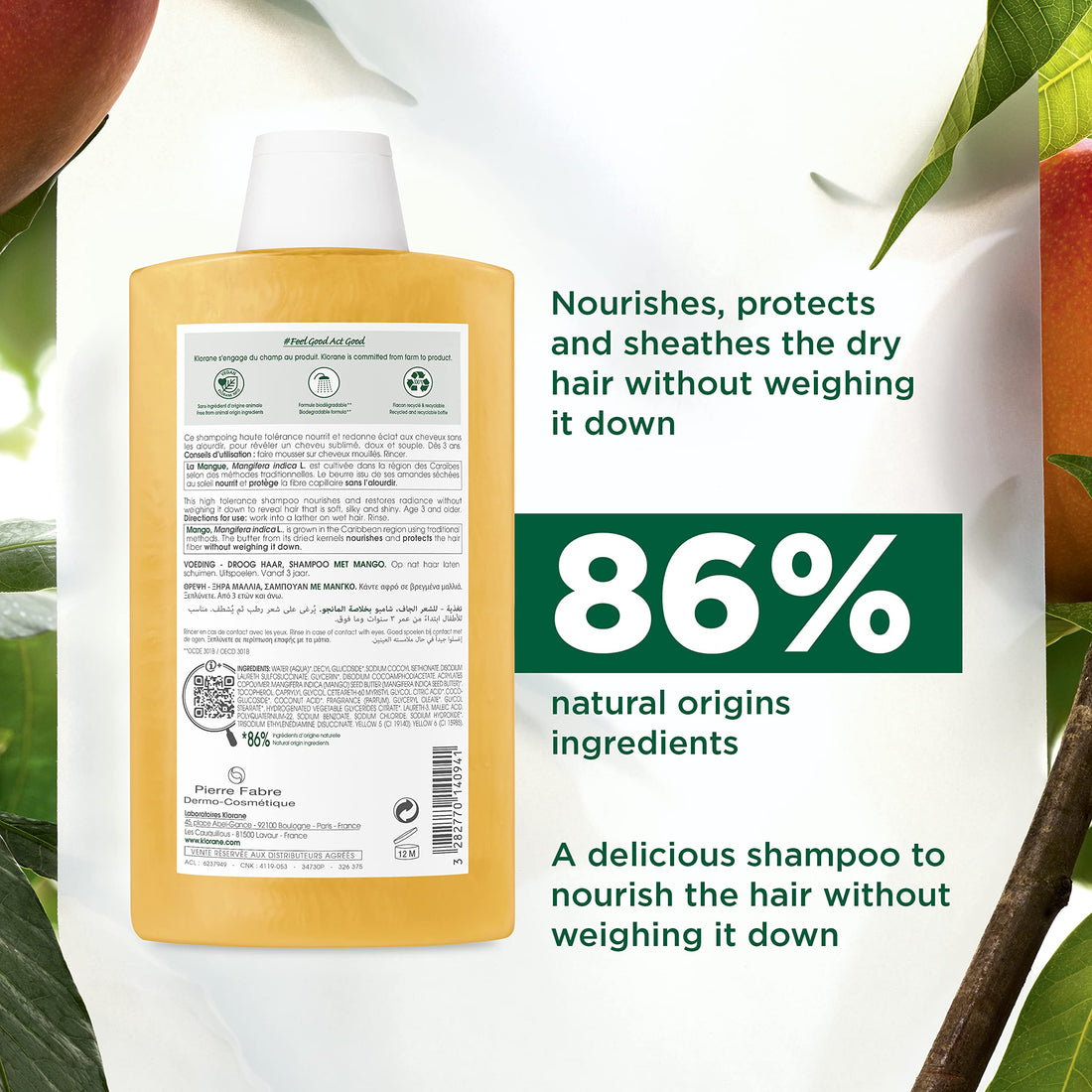 Klorane Nourishing Shampoo with Mango Butter, Moisturize and Hydrate Dry Hair, Paraben, Silicone, SLS Free, 13.5 Fl Oz