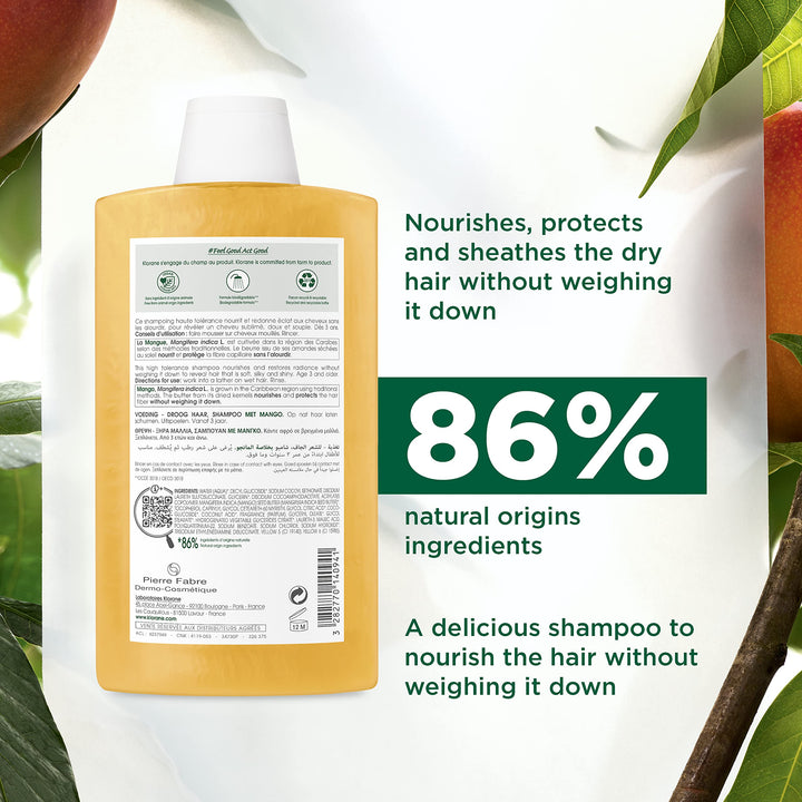 Klorane Nourishing Shampoo with Mango Butter, Moisturize and Hydrate Dry Hair, Paraben, Silicone, SLS Free, 13.5 Fl Oz