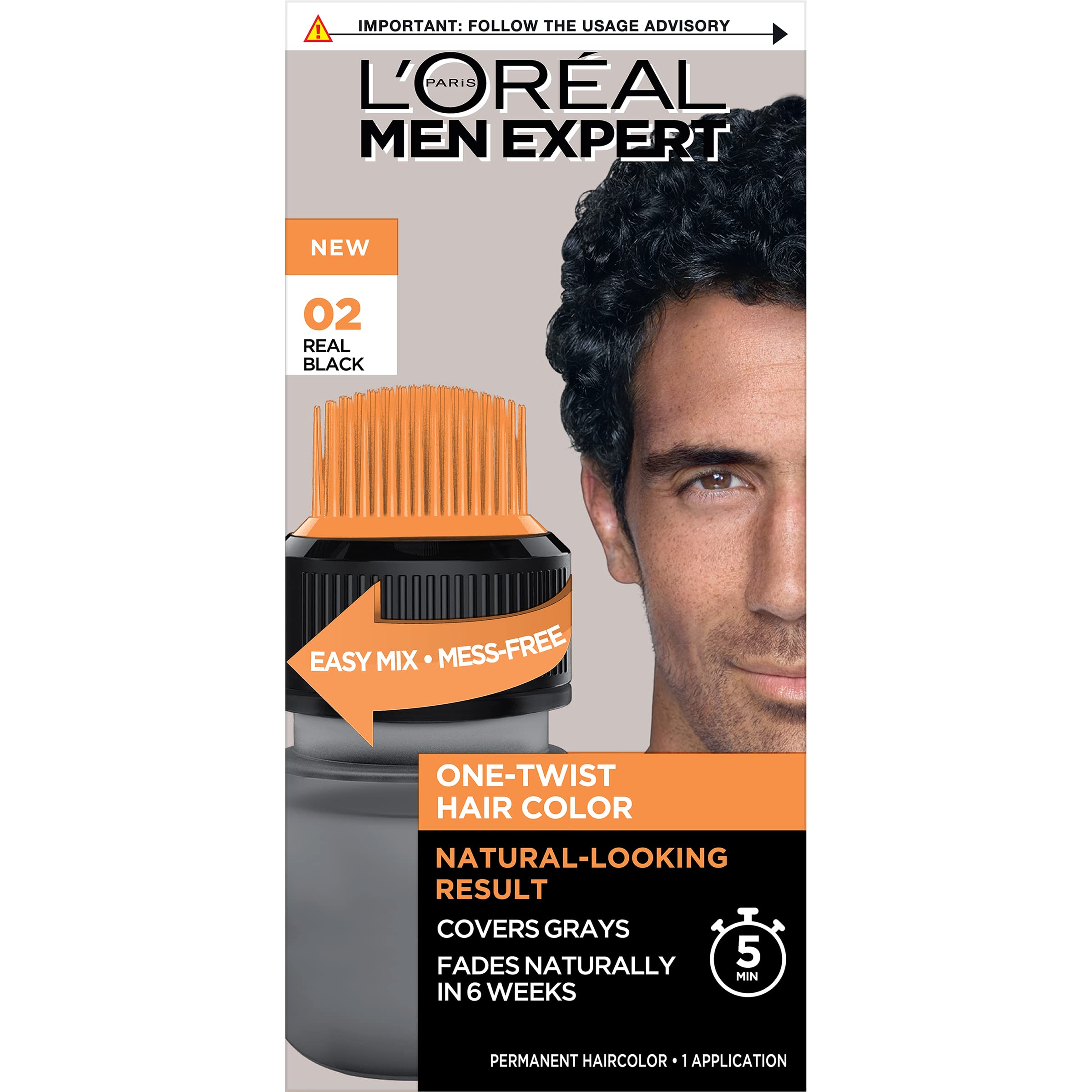 L’Oréal Paris Men Expert One Twist Mess Free Permanent Hair Color, Mens Hair Dye to Cover Grays, Easy Mix Ammonia Free Application, Real Black 02, 1 Application Kit