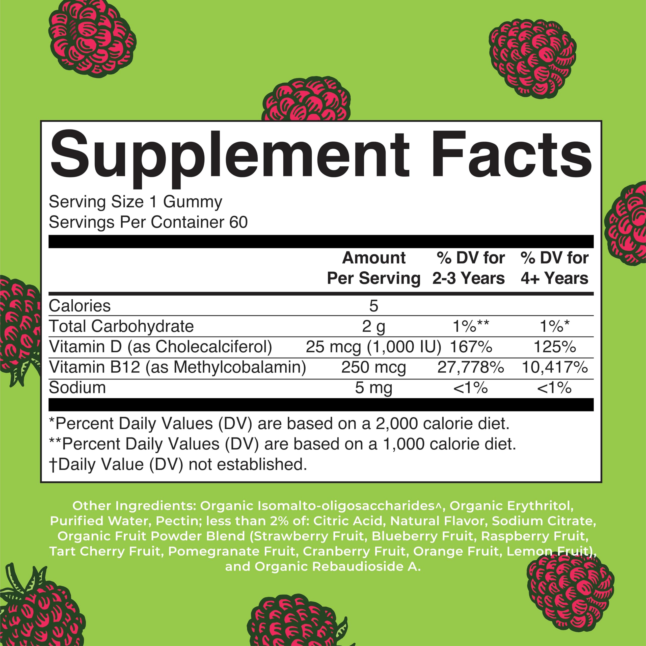 MaryRuth Organics | Vitamin D3 Vitamin B12 Gummy Supplements for Adults & Kids | Supports Bone Health | Energy Boost | Raspberry | Sugar Free | Vegan | Non-GMO | 2 Month Supply