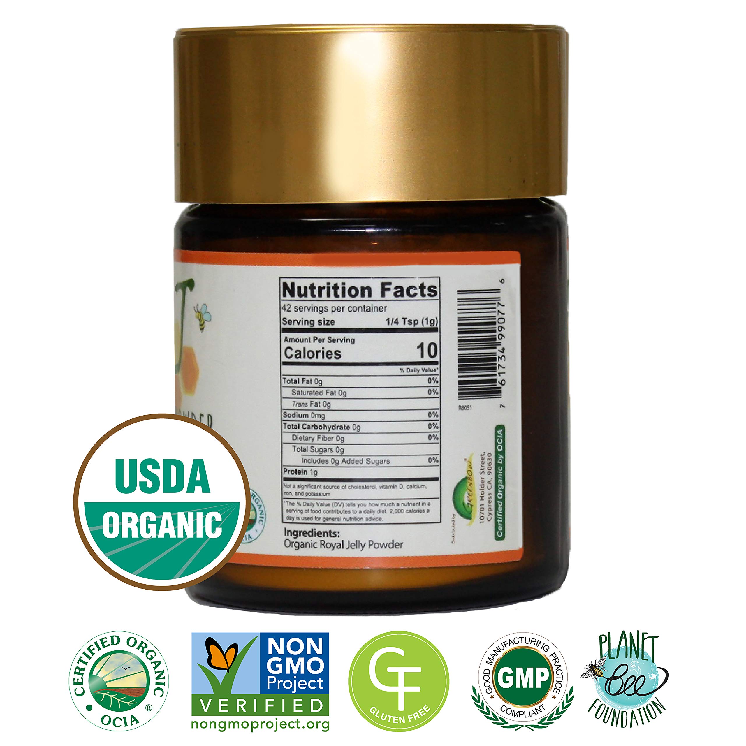 Greenbow Royal Jelly Powder– 100% USDA Certified Organic Royal Jelly, Non-GMO, Gluten Free Royal Jelly, Freeze Dried – One of The Most Nutrition Packed –No Additives/Flavors (42g)