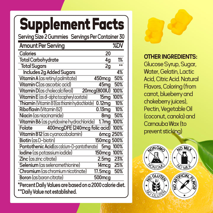Faroromy Multivitamin for Women Gummies Lemon Flavored Vitamins Daily Multivitamin with Vitamins A, C, D, E, B6 and B12, 30 Day Supply, 60 Count