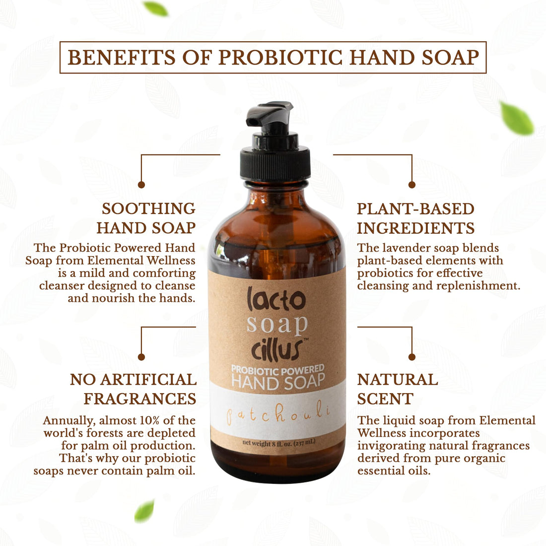 Elemental Wellness, Liquid Hand Soap - Probiotic Soap - Natural, Vegan, and Moisturizing Hand Soap - Patchouli Scent Hand Refill Soap, Patchouli Essential Oil - Palm Oil Free (8 fl oz)