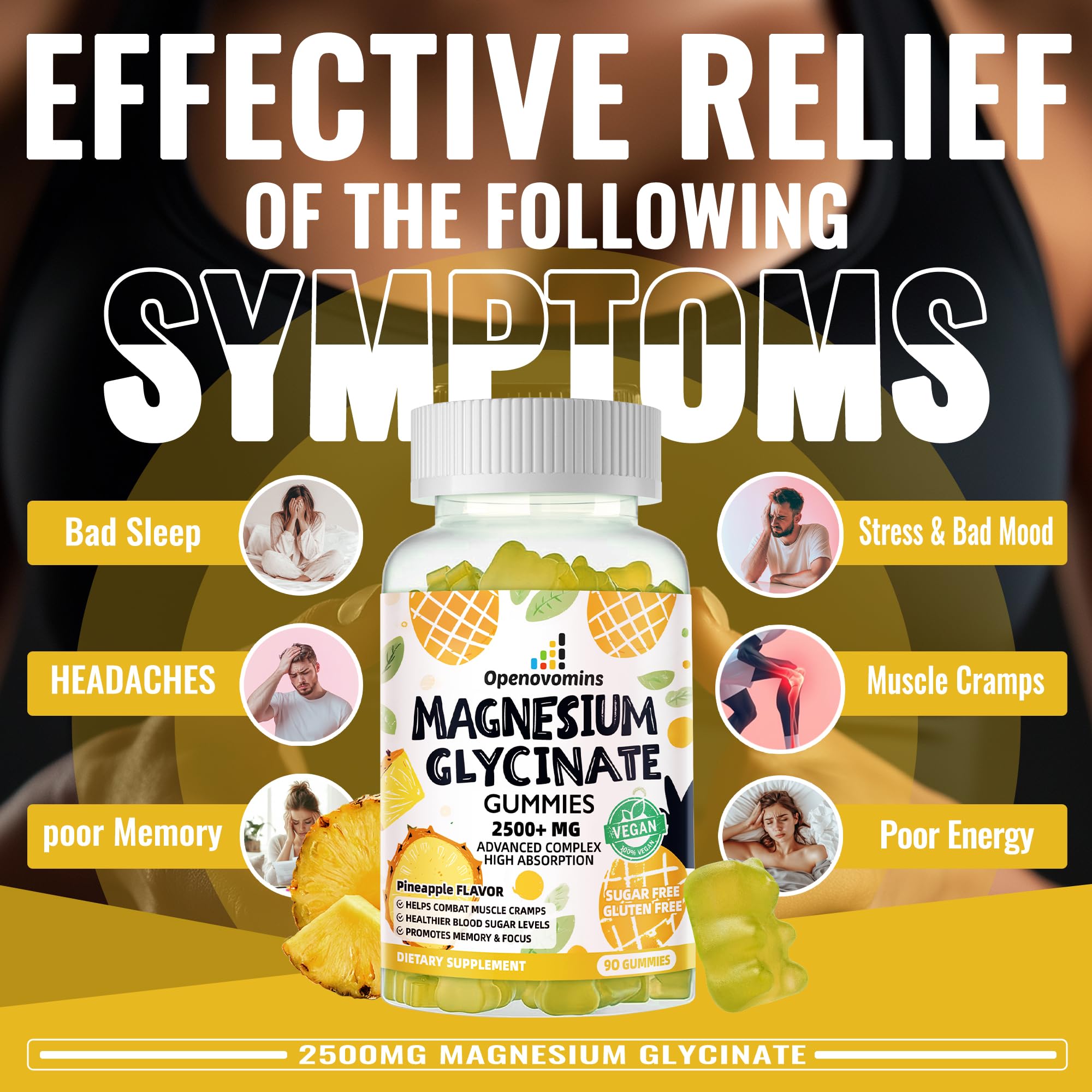 Magnesium Glycinate Gummies 2500mg - Sugar Free Magnesium Potassium Supplement with Vitamin D, B6, CoQ10 for Calm Mood & Sleep Support - 90 Pineapple Gummies