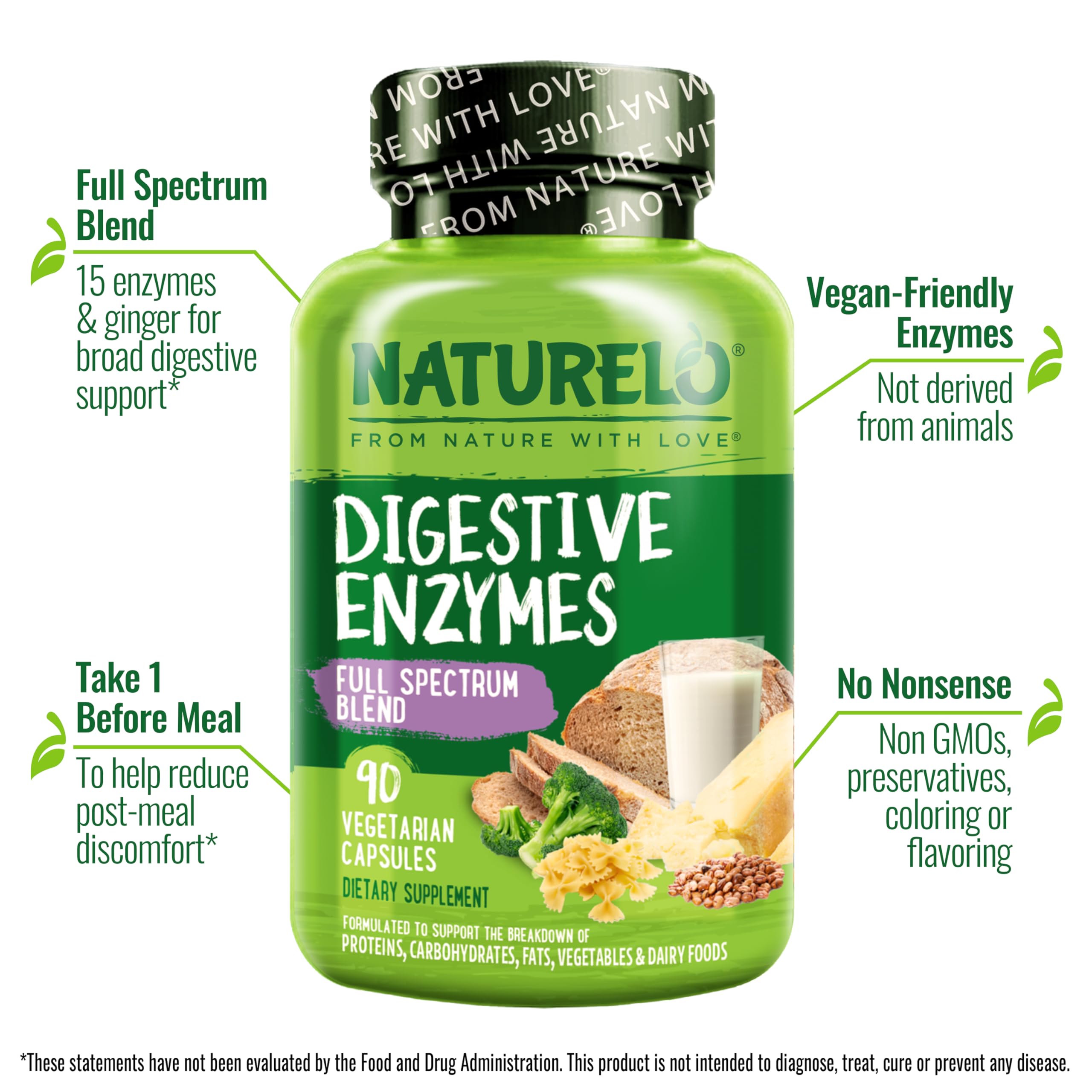 NATURELO Digestive Enzymes - Full Spectrum Support with a Broad Blend of 15 Enzymes Plus Ginger - 90 Vegan Capsules