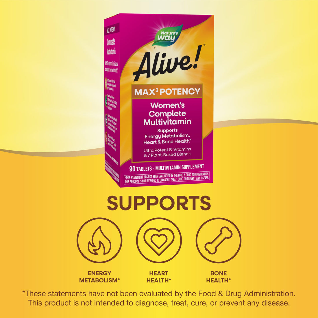 Nature's Way Alive! Max3 Potency Women's Complete Multivitamin, Supports Energy Metabolism, Heart & Bone Health*, with B-Vitamins Including Methylated B12 and Folate, 90 Tablets (Packaging May Vary)
