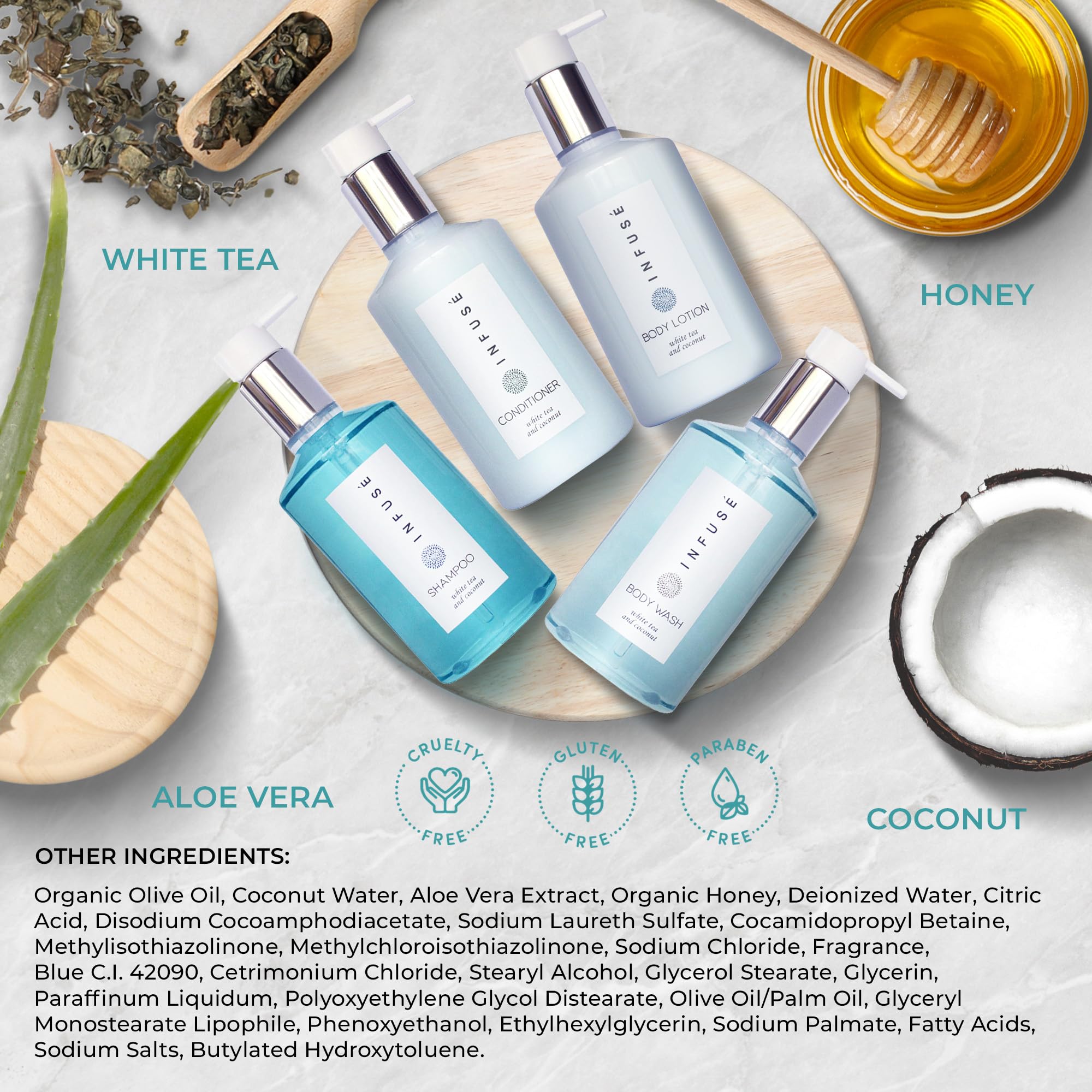 1-Shoppe Infuse 4 Piece Ecobox All-In-Kit | White Tea and Coconut Soap | 1 Shampoo, 1 Conditioner, 1 Body Wash and 1 Lotion | 10.14 oz Hotel Soaps and Toiletries Bulk | Personal Care Products