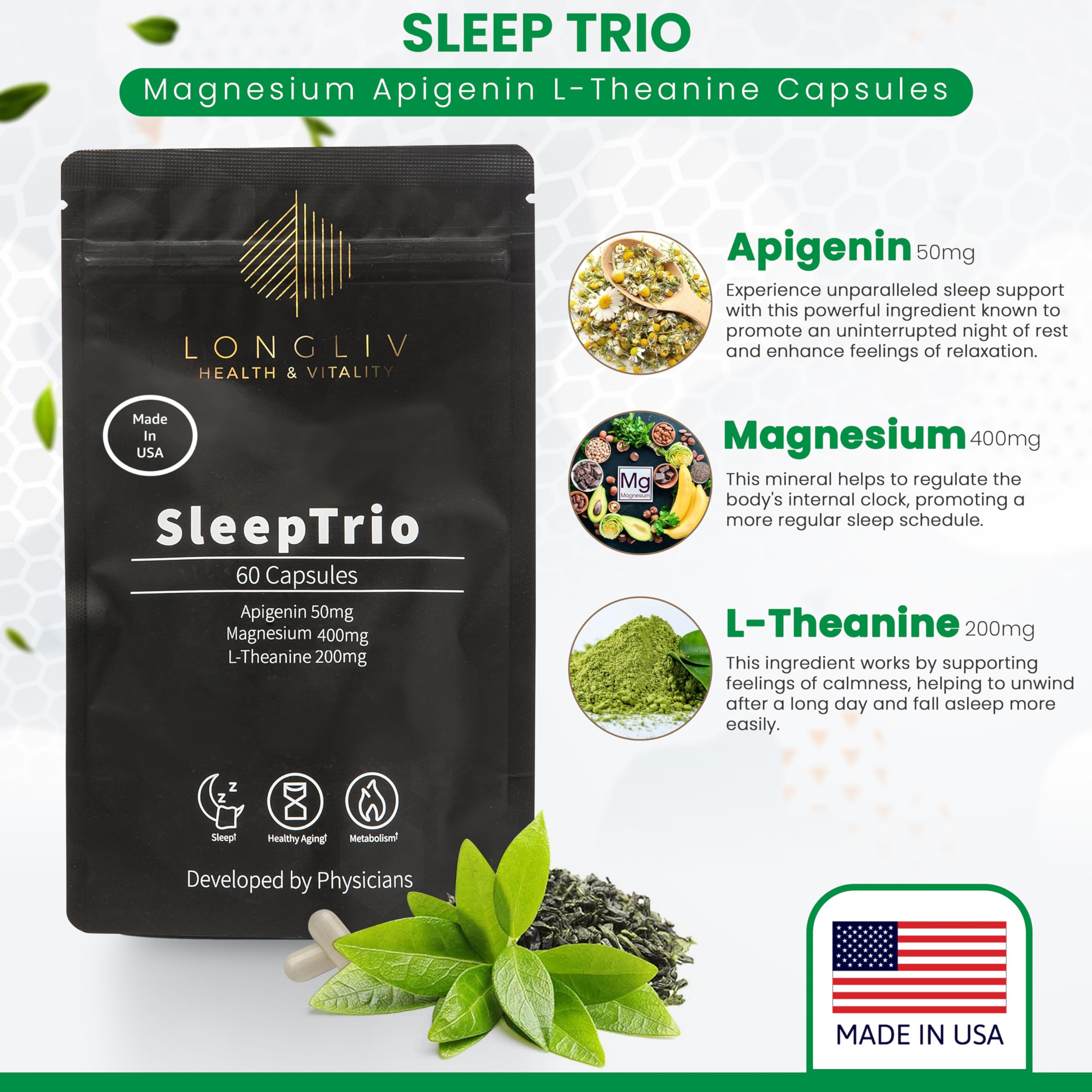 Sleep Trio - Made in USA Magnesium Apigenin L-Theanine Capsules – Premium 3-in-1 Cocktail for Sleep Management - Sleep Cocktail – Without Melatonin - 60 Capsules