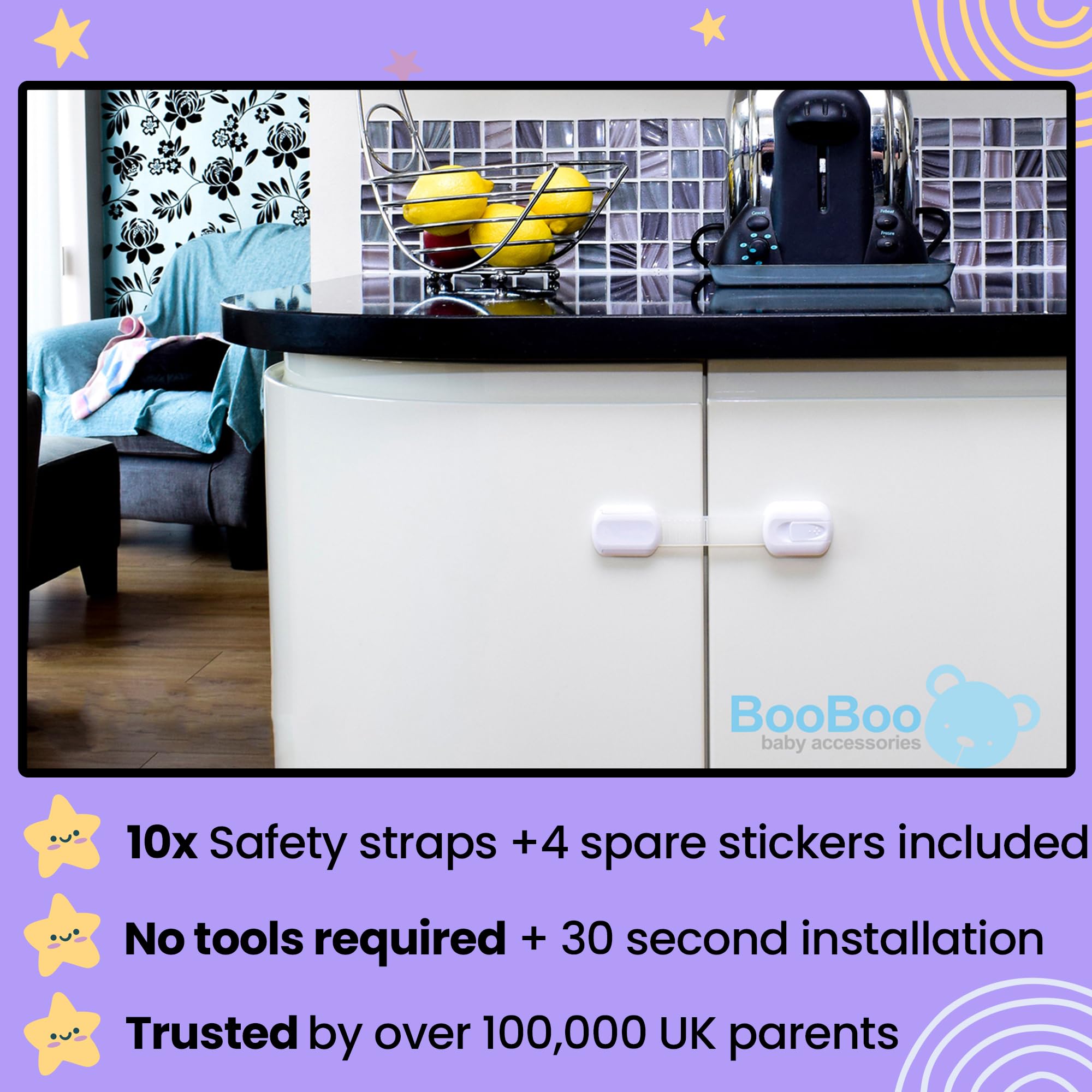 Booboo® (10 Pack) Premium Cabinet Locks Baby Proofing, Child Proof Cabinet Locks, Cupboard Locks for Children with 3M Adhesive + 4 Extra Stickers