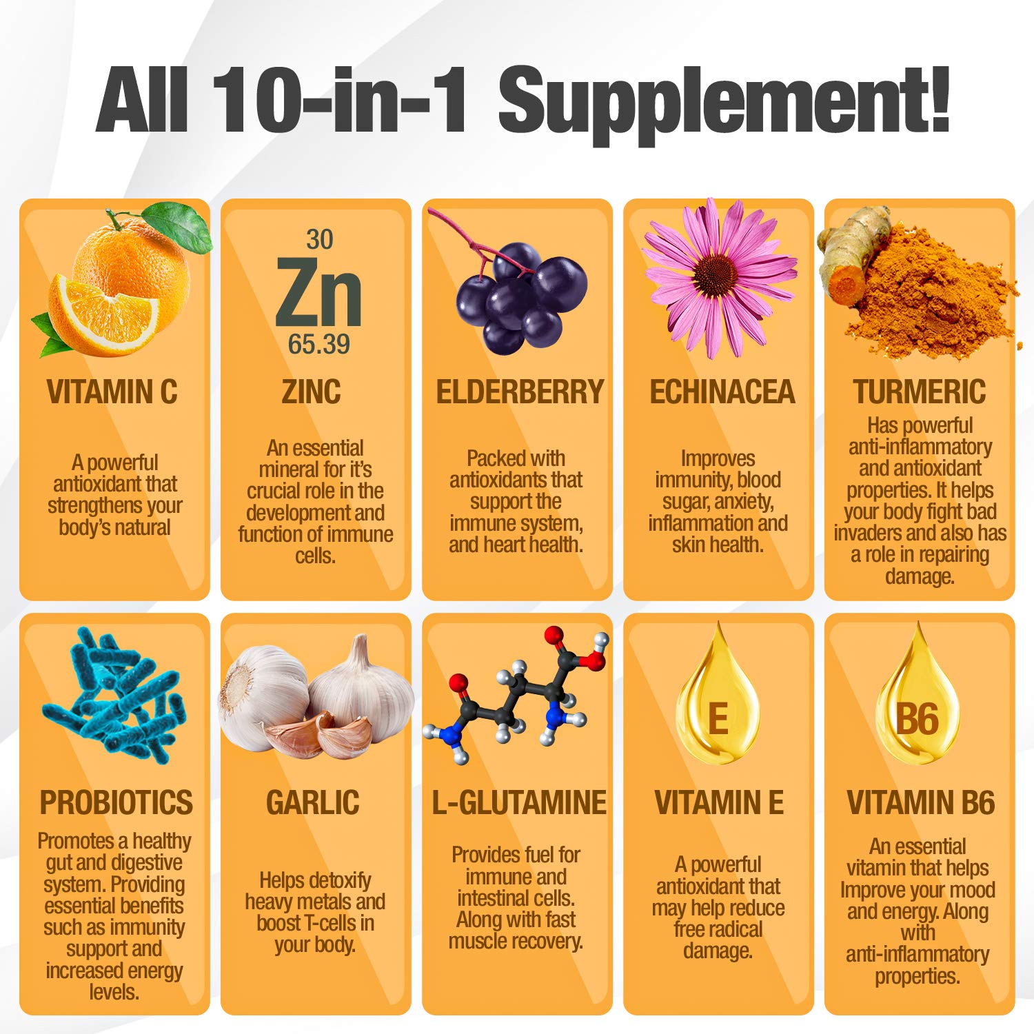 10 in 1 Immune Support Supplement (No Fillers) | Vitamin C, Zinc, Elderberry, Echinacea, Turmeric, Probiotics |Immunity Booster for Multi-System Immune Defense, Respiratory & Gut health |60 Day Supply