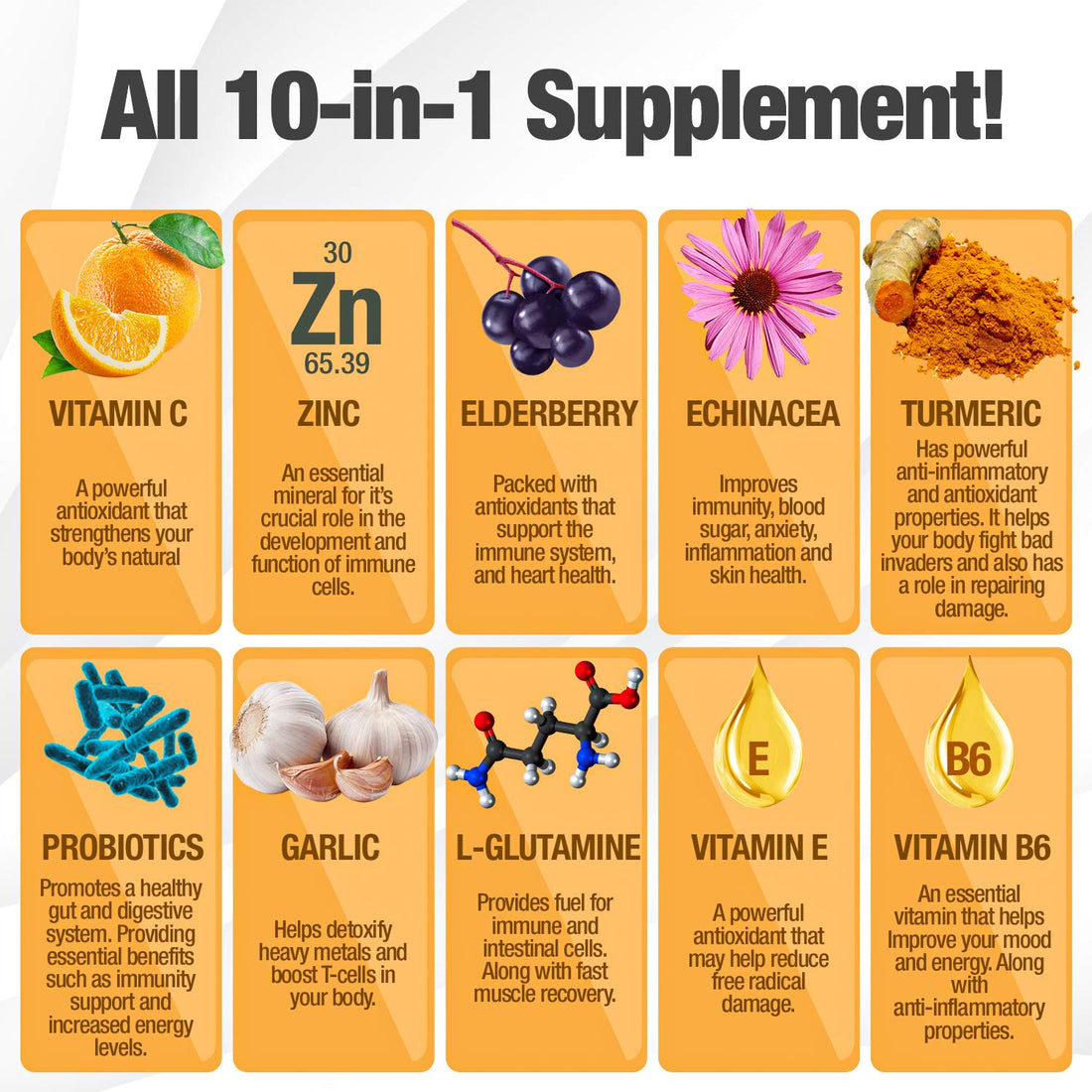 10 in 1 Immune Support Supplement (No Fillers) | Vitamin C, Zinc, Elderberry, Echinacea, Turmeric, Probiotics |Immunity Booster for Multi-System Immune Defense, Respiratory & Gut health |60 Day Supply