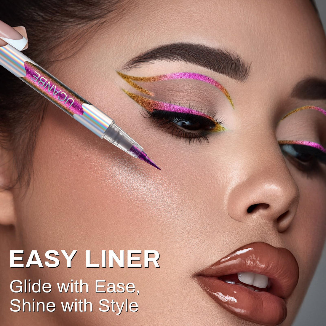 UCANBE Chameleon Liquid Eyeliner - Purple Yellow, Multi-Chrome Metallic Shift, Waterproof Glitter Eyeliner with Soft Fine Tip for Multi-Dimensional Eye Looks