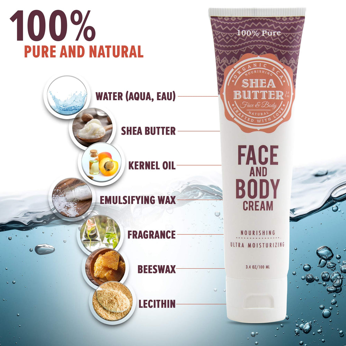 Organic Sca 100% Pure Natural Moisturizing Cream For Face And Body 3.4 Oz / 100 Ml