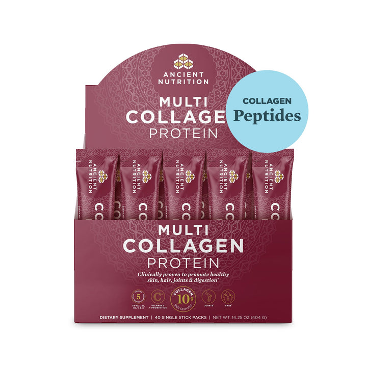Ancient Nutrition Collagen Powder Protein, Unflavored Multi Collagen Powder Packets with Vitamin C, Pack of 40, Hydrolyzed Collagen Peptides Powder Packets Supports Skin and Nails, Gut Health