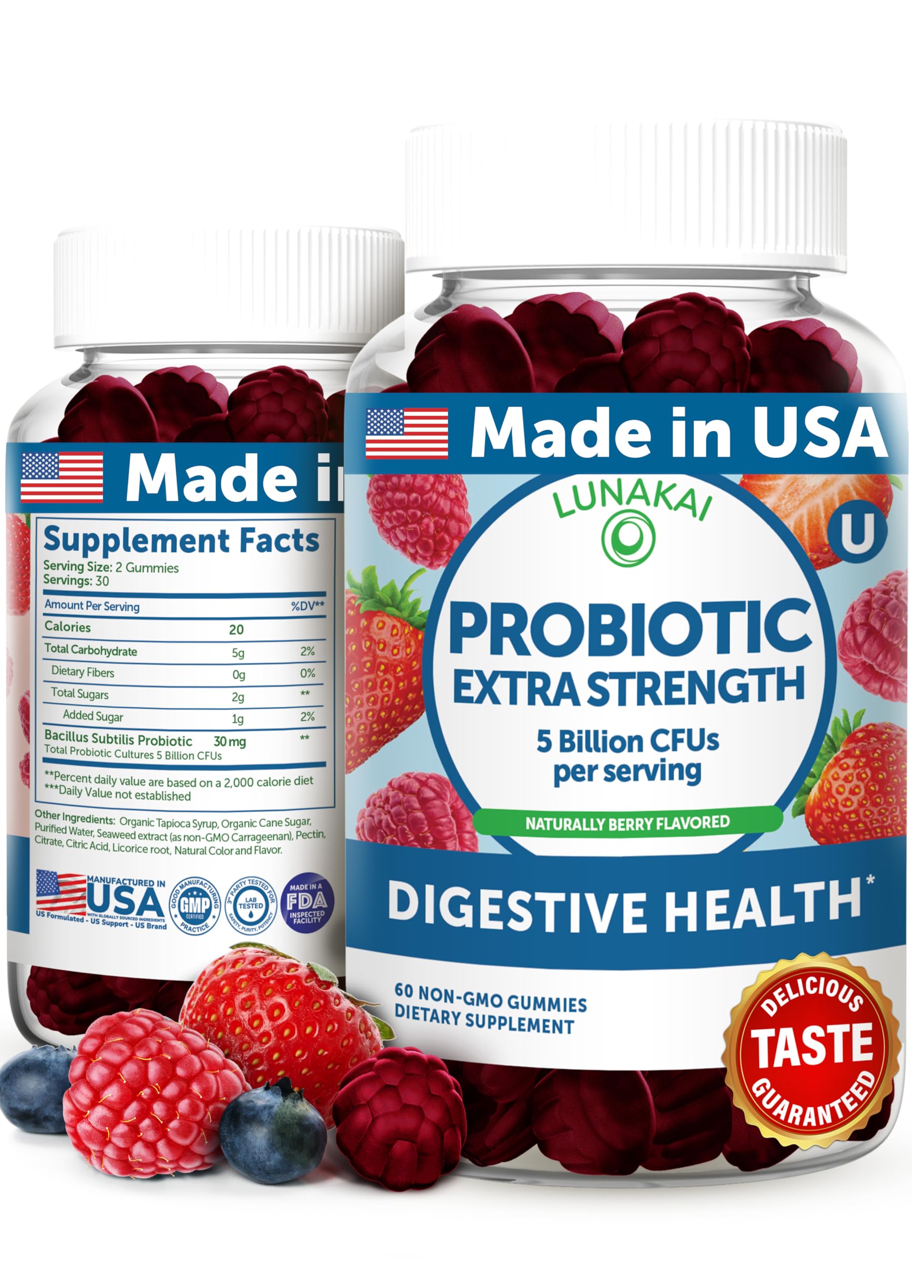 Lunakai USA Made Probiotic Gummies - 5 Billion CFUs, Vegan, Non-GMO, Gluten-Free - Digestive & Immune Support for Women & Men - 60 Chewable Gummies