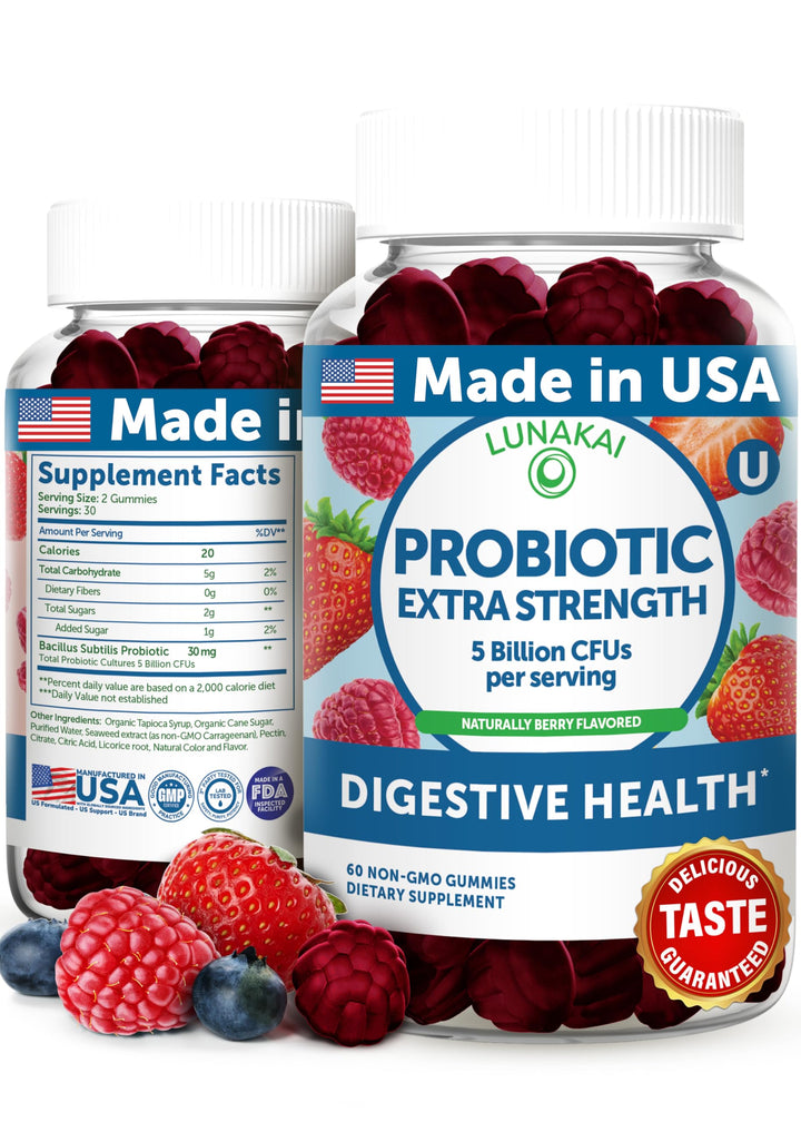 Lunakai USA Made Probiotic Gummies - 5 Billion CFUs, Vegan, Non-GMO, Gluten-Free - Digestive & Immune Support for Women & Men - 60 Chewable Gummies