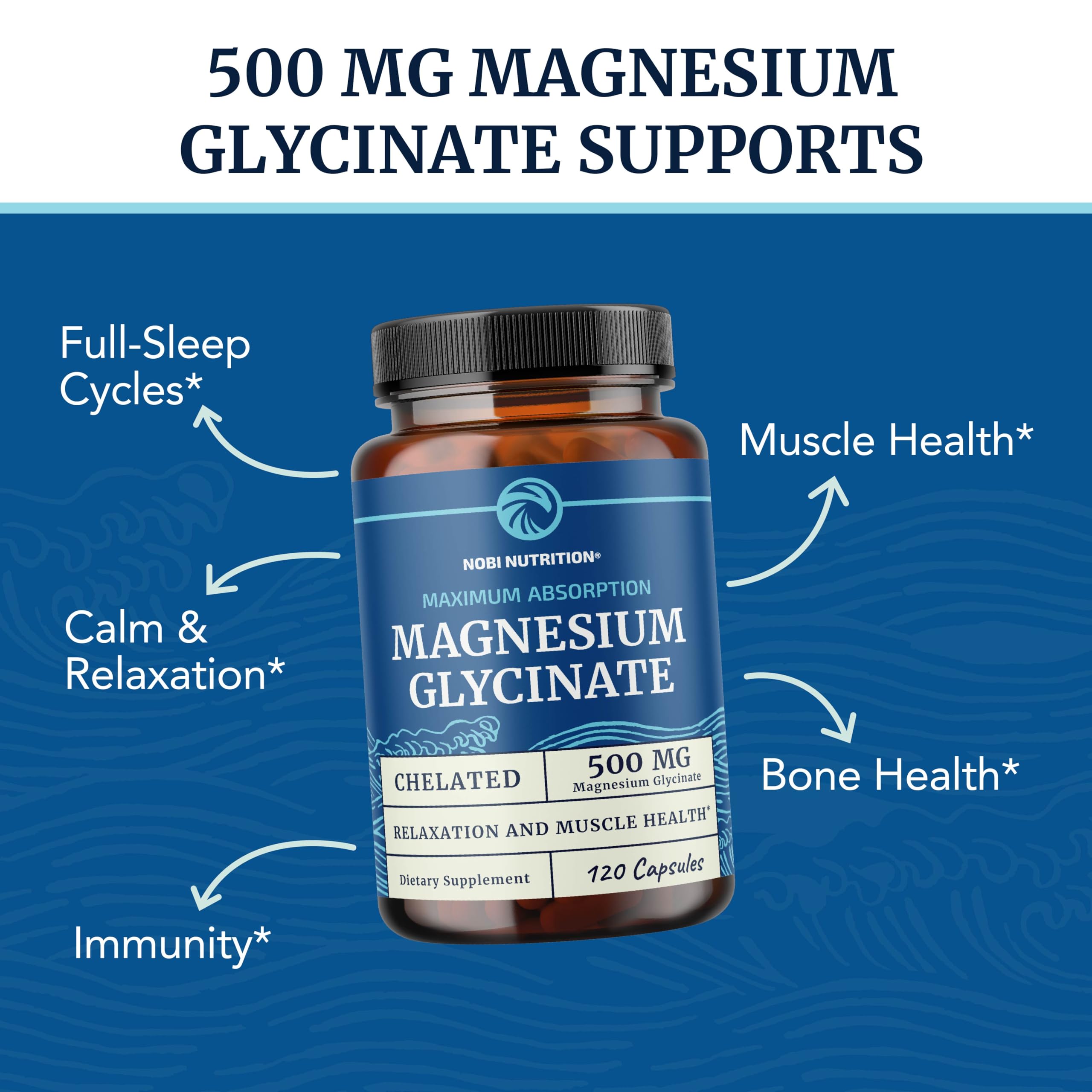 Magnesium Glycinate 500mg | Chelated for High Absorption | Muscle Relaxation, Bones, Heart, Nerve, Sleep & Calm Support for Women & Men | Magnesium Chelate Supplement & Bisglycinate Complex | 120ct
