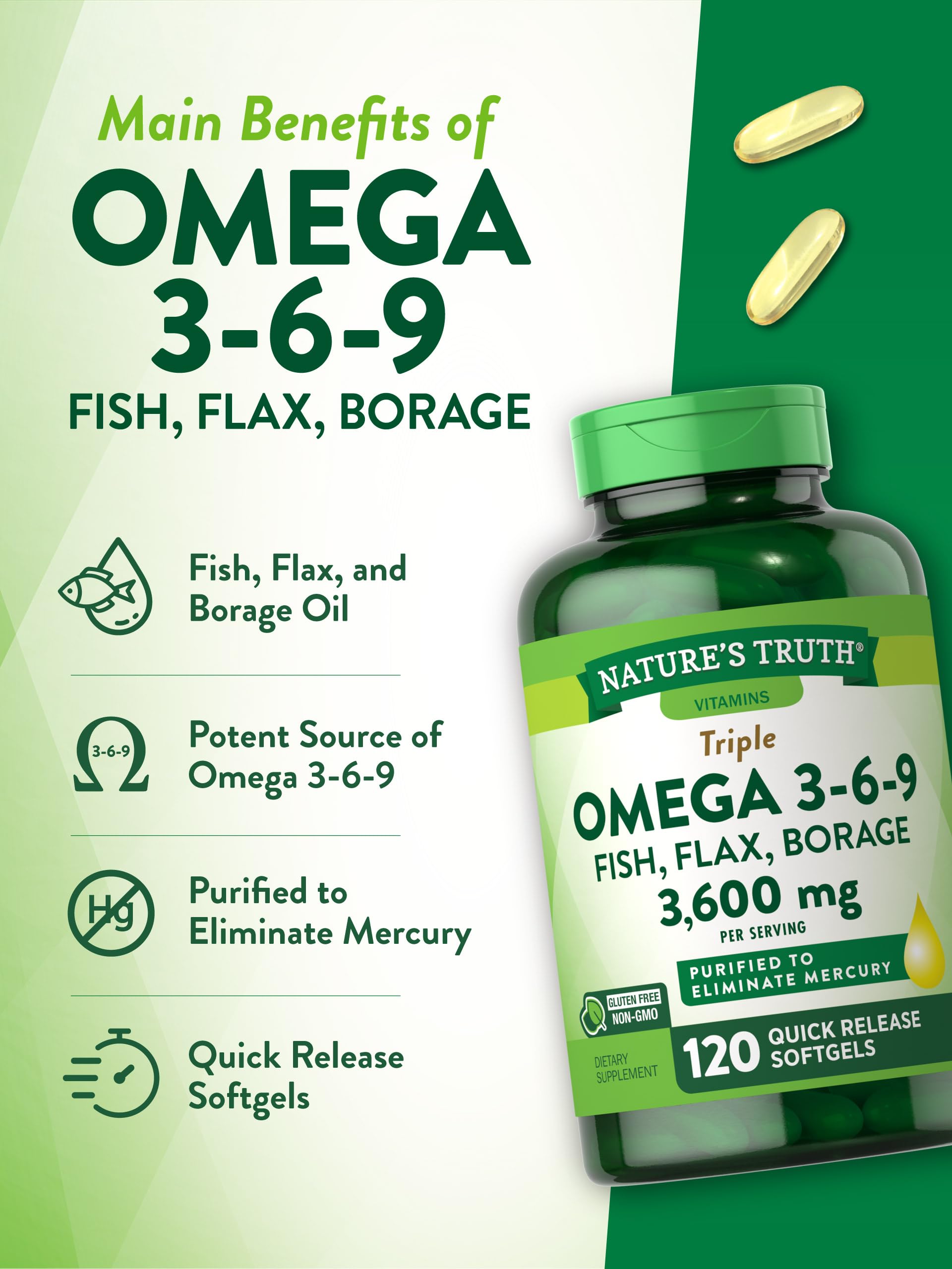 Nature's Truth Omega 3-6-9 Softgels | 3600mg | 120 Count | Fish, Flax, & Borage Oil | Triple Strength | Non-GMO & Gluten Free Supplement