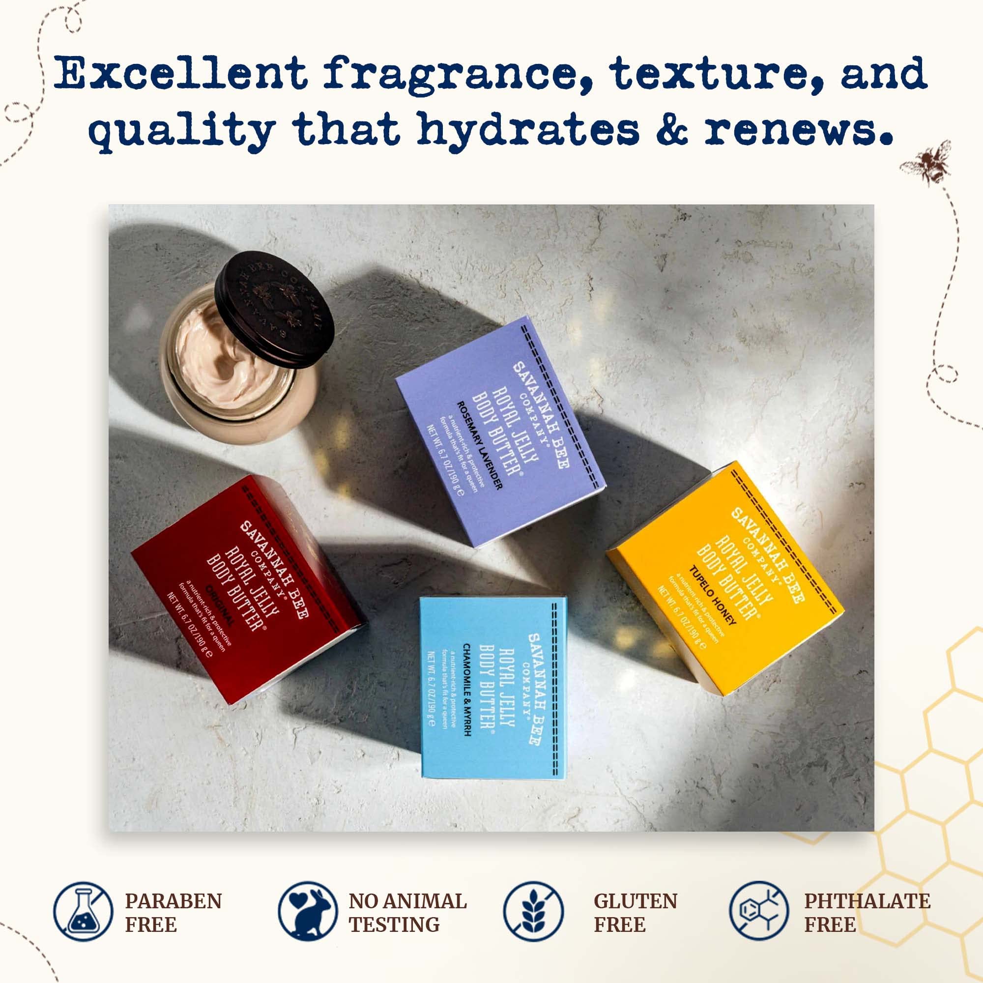 Savannah Bee Company Ultimate Honey Infused Body Butter Collection: Ultra Rich and Deeply Moisturizing Blend of Original, Rosemary & Lavender, Chamomile & Myrrh, and Tupelo Honey - (6.7 Oz Each)