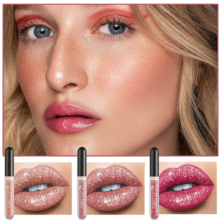 NVLEPTAP 3PCS Liquid Glitter Lipstick Glitter Lip Gloss Set,Diamond Shimmer Matte Lipstick Set Long Lasting High Pigment Glitter Lip Stick Kit Lip Gloss Set Halloween Makeup Gift - Set A