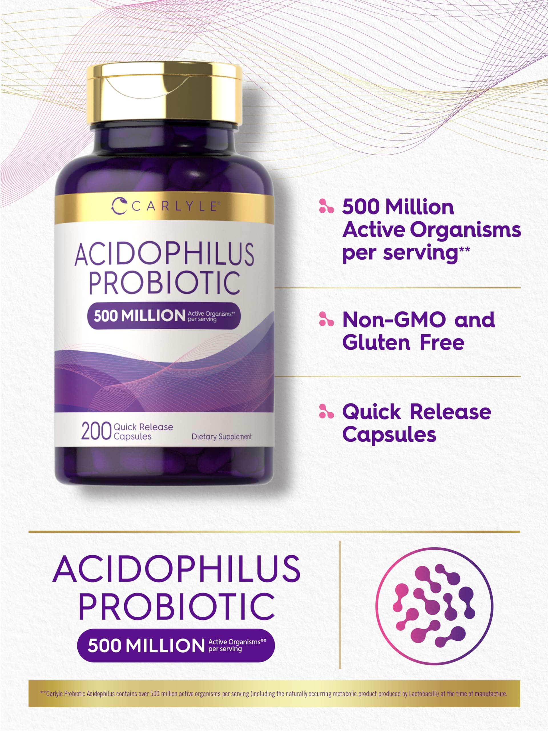 Carlyle Acidophilus Probiotic Capsules for Women and Men | 500 Million CFU | 200 Pills | Lactobacillus Supplement | Non-GMO and Gluten Free
