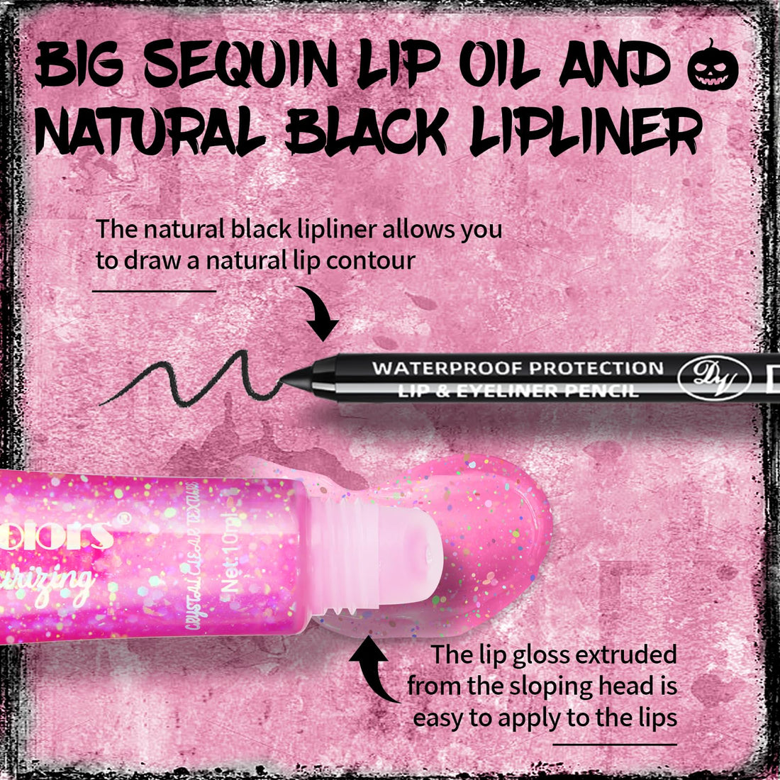HOSAILY Glitter Color Changing Lip Oil with Black Lip Liner Set, Goth Moisturizing High Shine Lip Gloss Combo, Chunky Sequins Lip Glow Oil Non-Sticky Lightweight Lip Stain for Halloween Party Makeup01