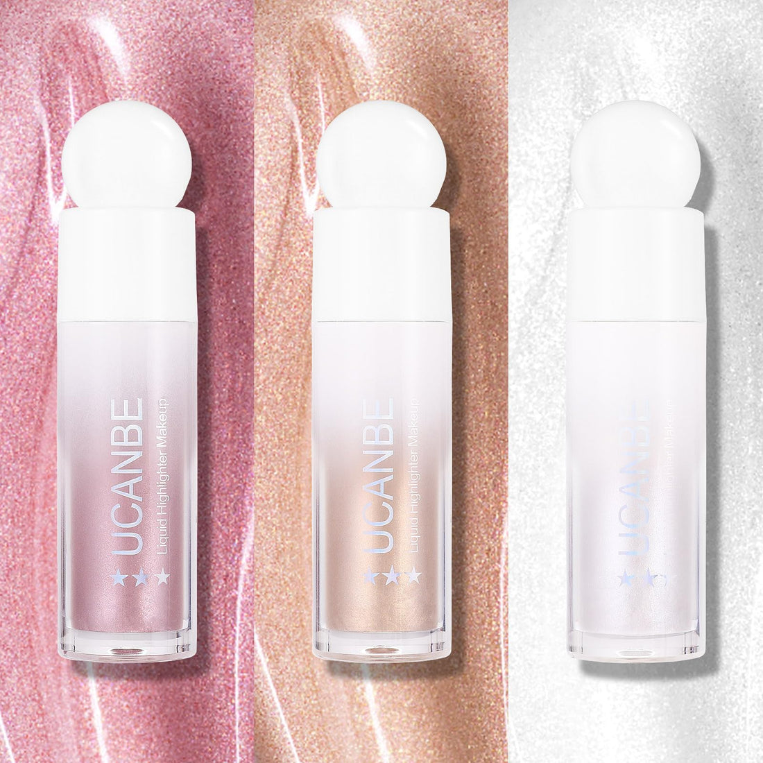 UCANBEMAKEUP 3-Pack Liquid Face Highlighter Makeup Set - Multifunctional Luminous Glow, Natural Radiance Sparkly Glitter Body Shimmer Liquid Luminizer Sticks - Suitable for Face, Eyes, Lips, and More