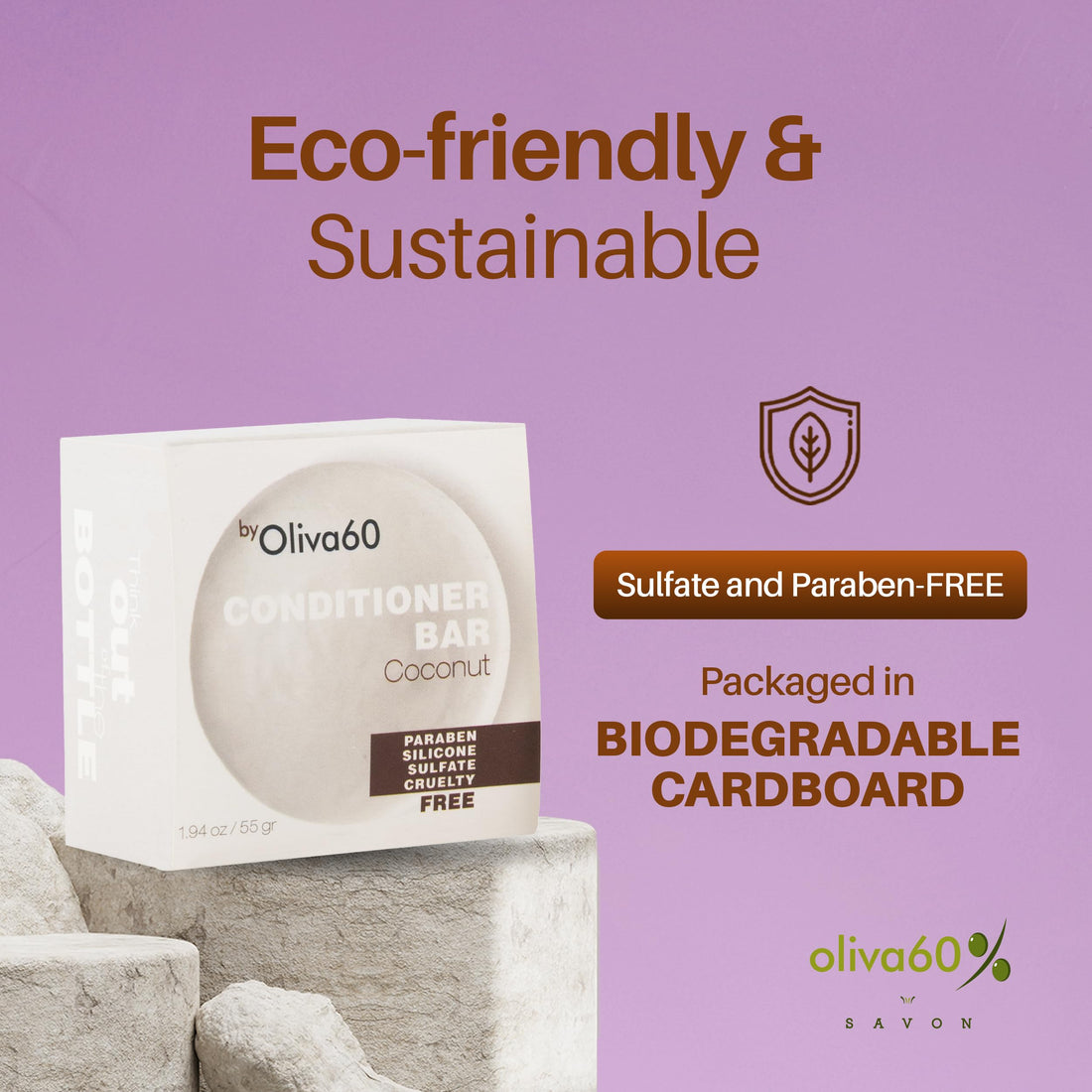 Conditioner & Detangler Bar Lavender Oil for Curly Hair | Extra Moisturizing | Frizz Control for Damaged | Olive, Argan & Macadamia Oil | Sulfate & Paraben Free | Vegan | 1.94 oz | OLIVA 60