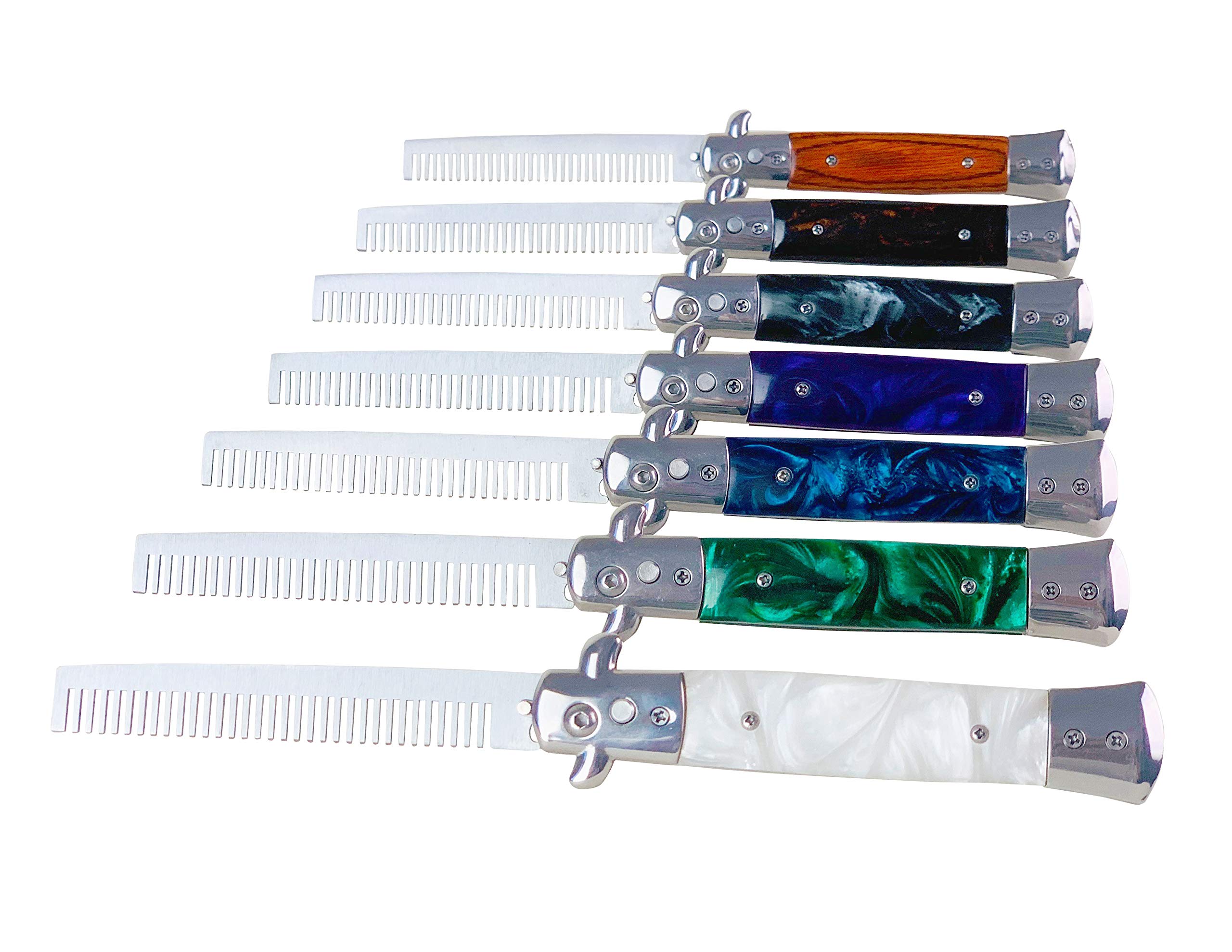 Switchblade Comb Pocket Knife Hair Brush Automatic Push Button Folding Barber (Wood Grain)