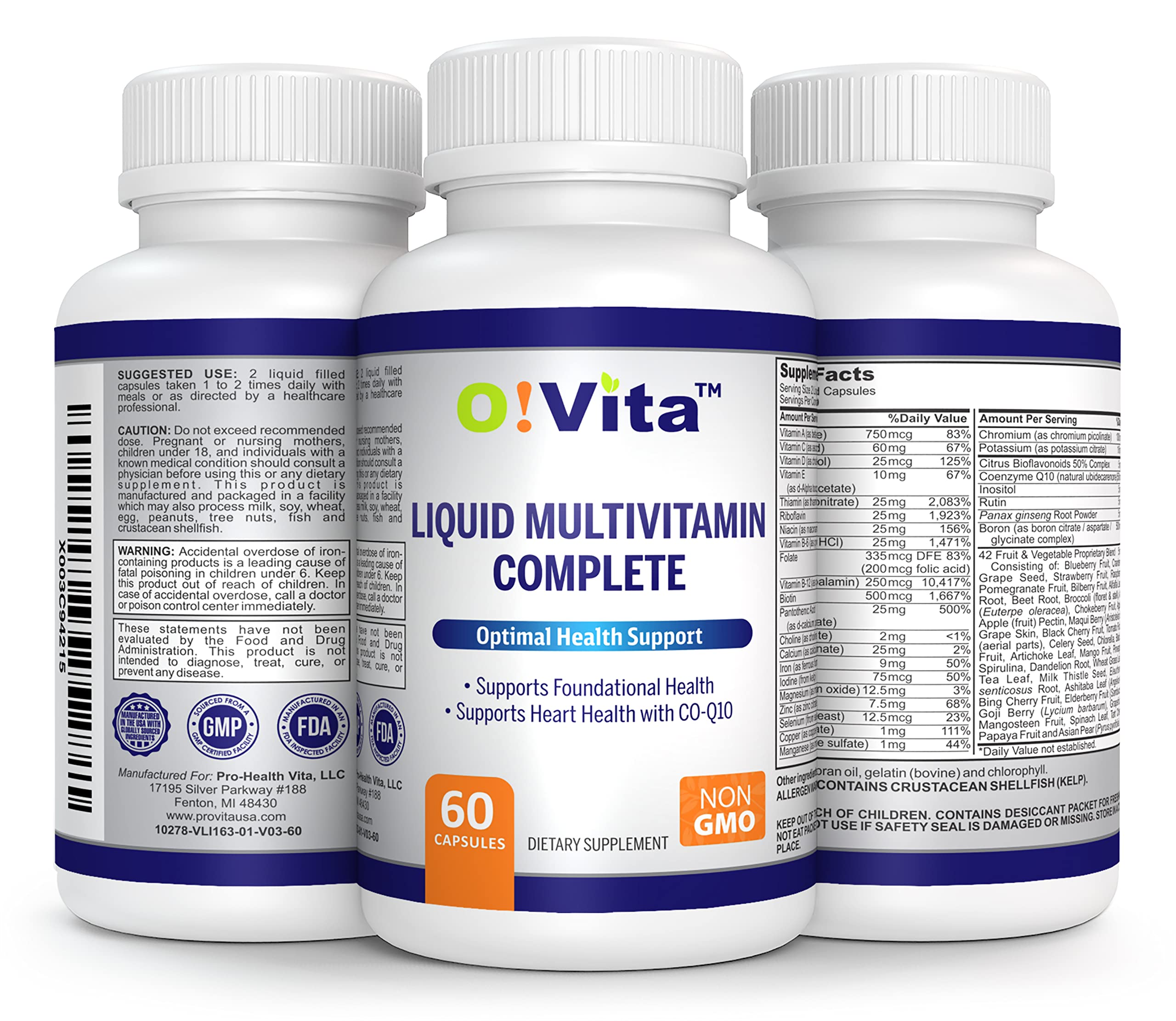 O!VITA Liquid Multivitamin Complete, with a Full Spectrum of Vitamins and Minerals, Plus 42 Fruits and Vegetable Proprietary Blend, Easy Absorption (60 Vegan Liquid Filled Capsules)