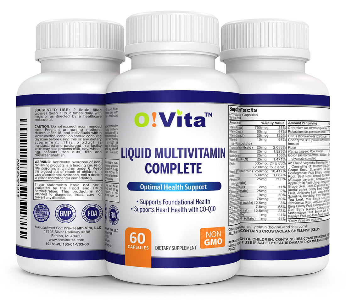O!VITA Liquid Multivitamin Complete, with a Full Spectrum of Vitamins and Minerals, Plus 42 Fruits and Vegetable Proprietary Blend, Easy Absorption (60 Vegan Liquid Filled Capsules)