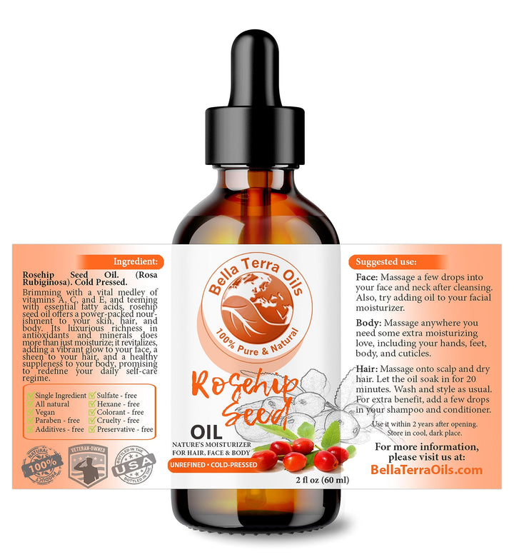 Bella Terra Oils Organic Rosehip Oil for Face, Pure Cold-Pressed Rose Hip Seed Oil for Skin & Hair, Natural Moisturizer & Anti-Aging Facial Oil