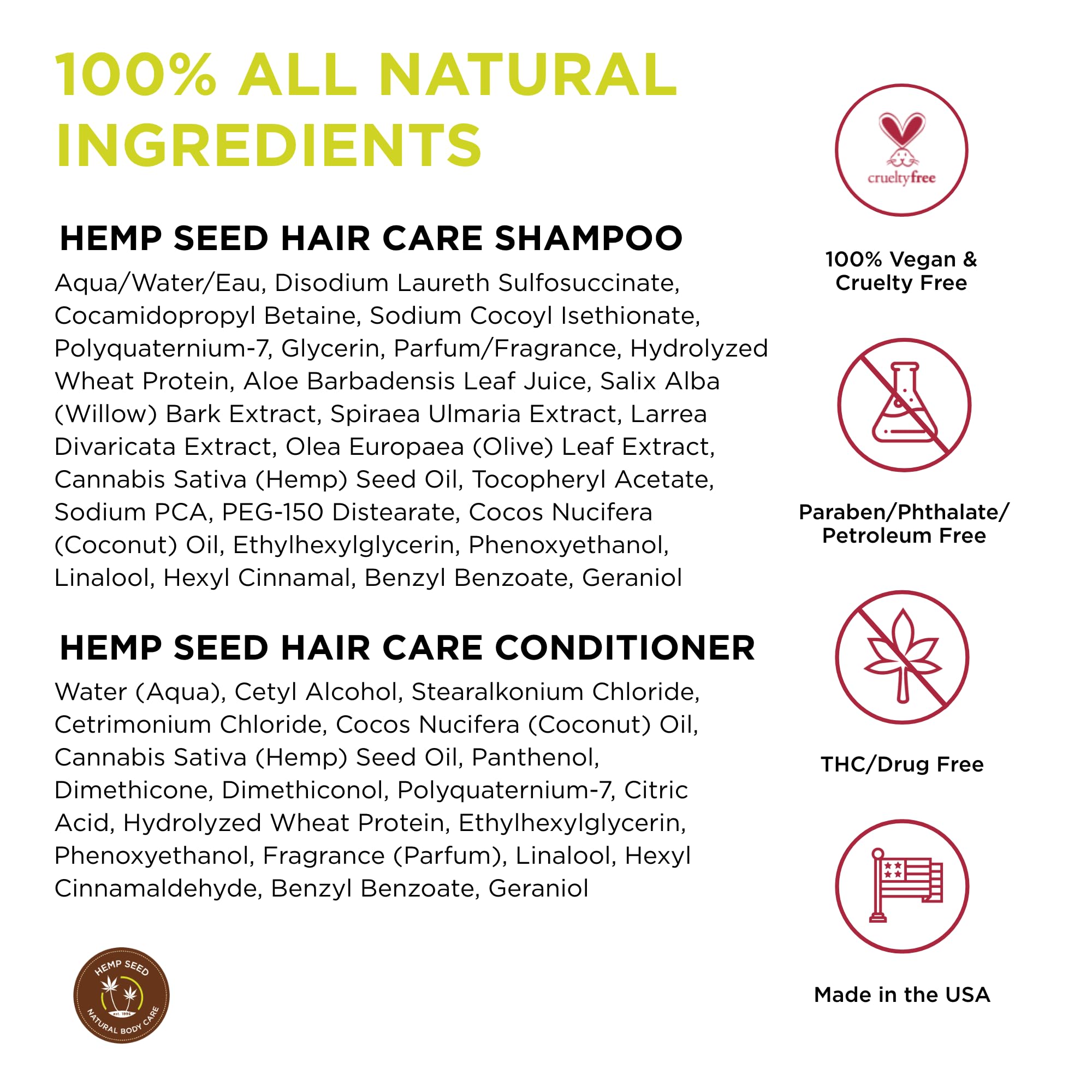 Hemp Seed Hair Care Shampoo + Conditioner, Nag Champa - 8 oz Each - With Hemp Seed Oil & Coconut Oil - Vegan, Cruelty Free