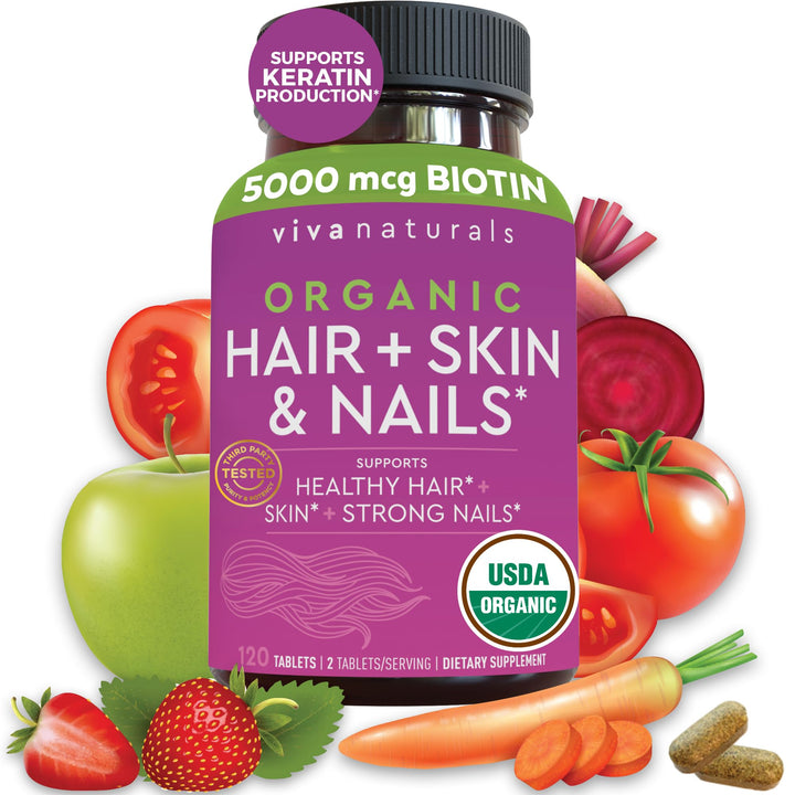 Organic Hair Skin and Nails Vitamins for Women with Biotin 5000mcg and Vitamin E, Vegetarian-Friendly Supplements That Help Produce Keratin -120 Count