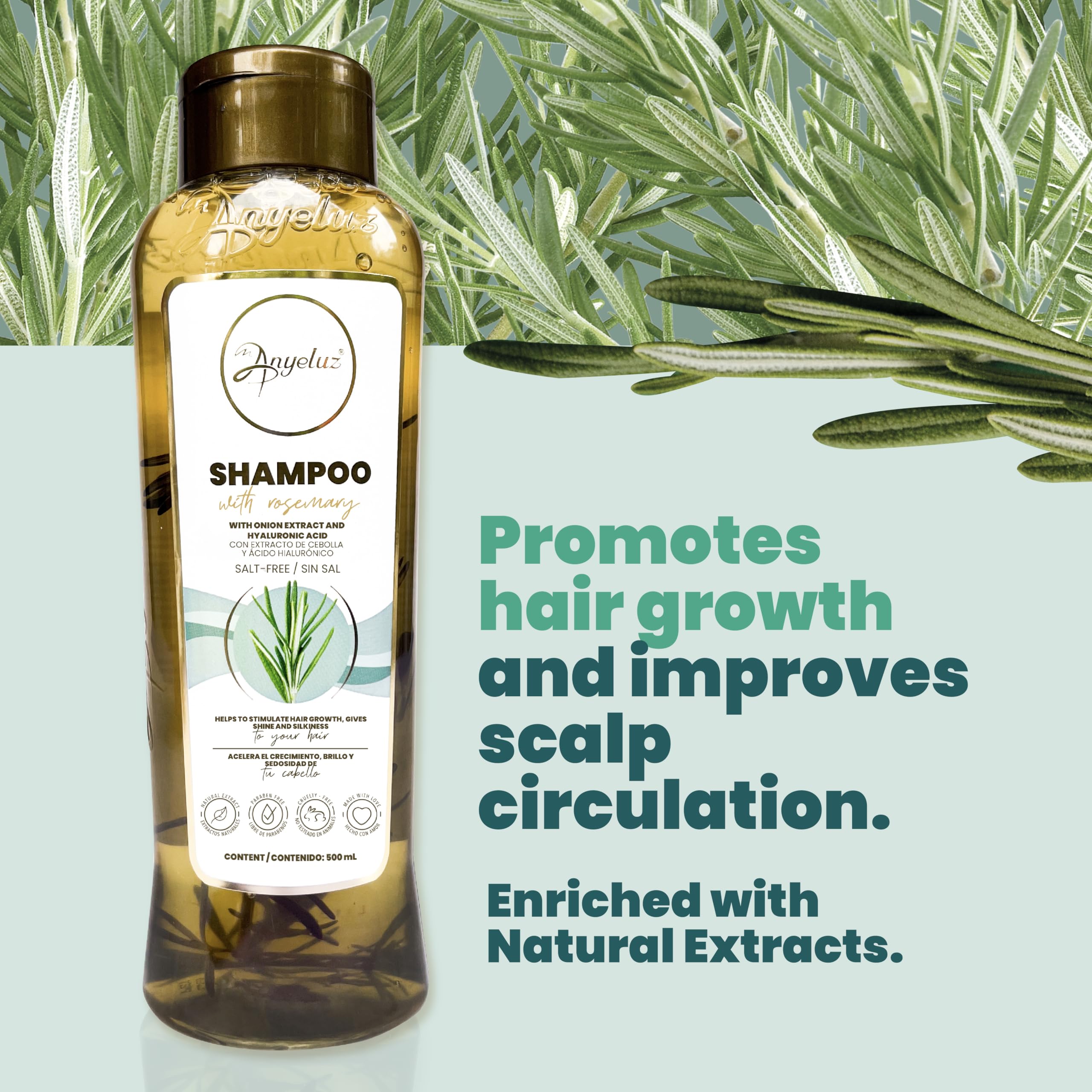 ANYELUZ Rosemary Shampoo and Aloe Conditioner Set, Volume and Hydration for your Hair, with Hyaluronic, Argan Oil and Rosemary, Moisturizes and Enhances Shine