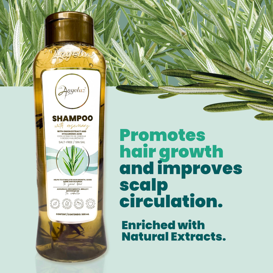 ANYELUZ Rosemary Shampoo and Aloe Conditioner Set, Volume and Hydration for your Hair, with Hyaluronic, Argan Oil and Rosemary, Moisturizes and Enhances Shine