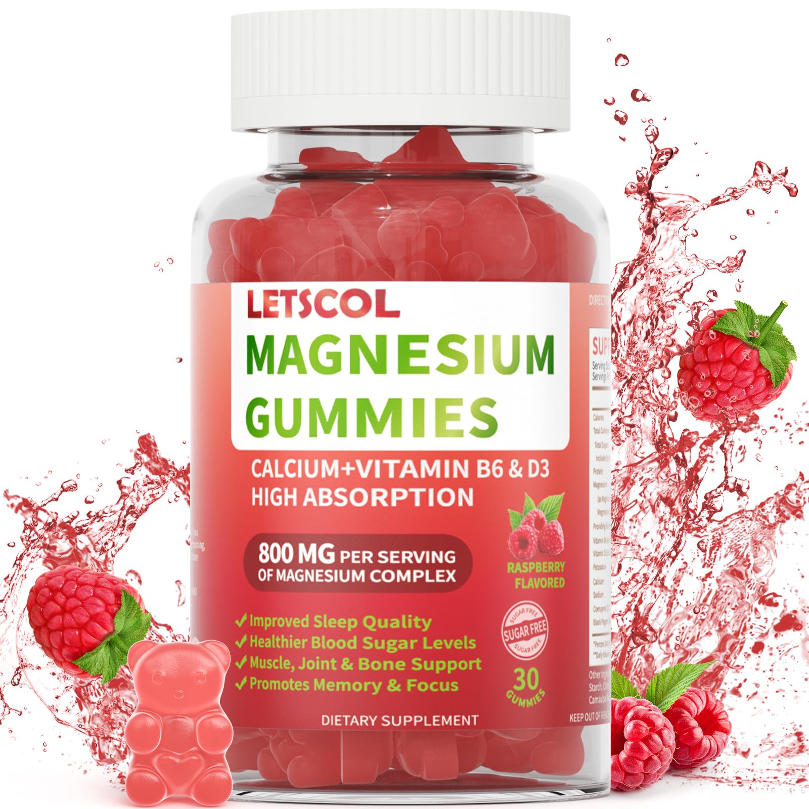 LETSCOL Magnesium Glycinate Gummies 800mg Per Serving, Sugar Free Magnesium Supplement with Magnesium Malate, Calcium, Vitamin D3, B6, CoQ10 for Calm Support & Sleep for Adults Kids