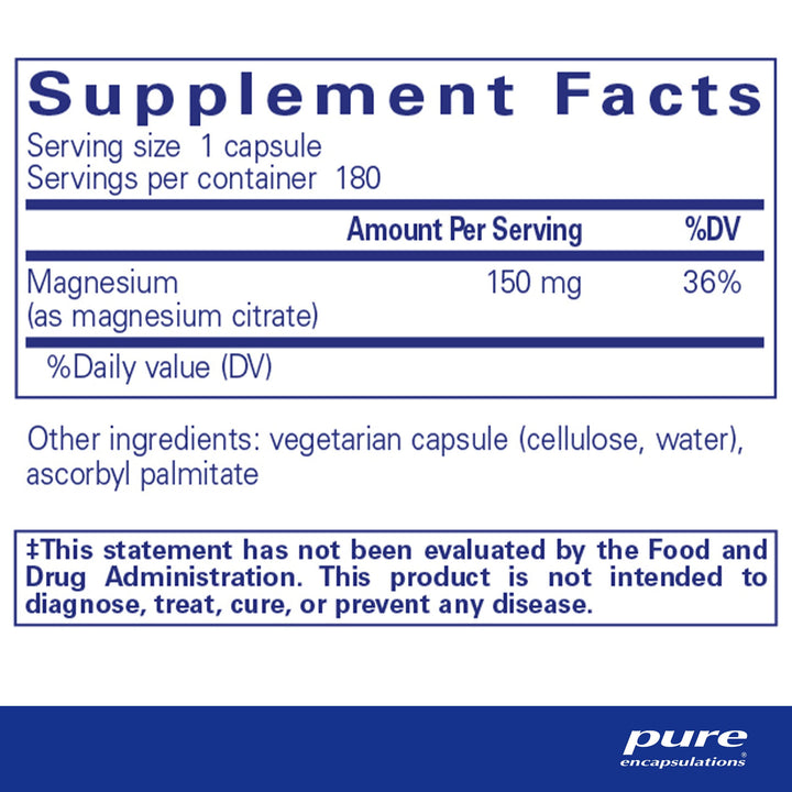 Pure Encapsulations Magnesium (Citrate) - Supplement for Sleep, Heart Health, Cognitive Health, Bone Health, Energy, Muscles, and Metabolism* - with Premium Magnesium - 180 Capsules
