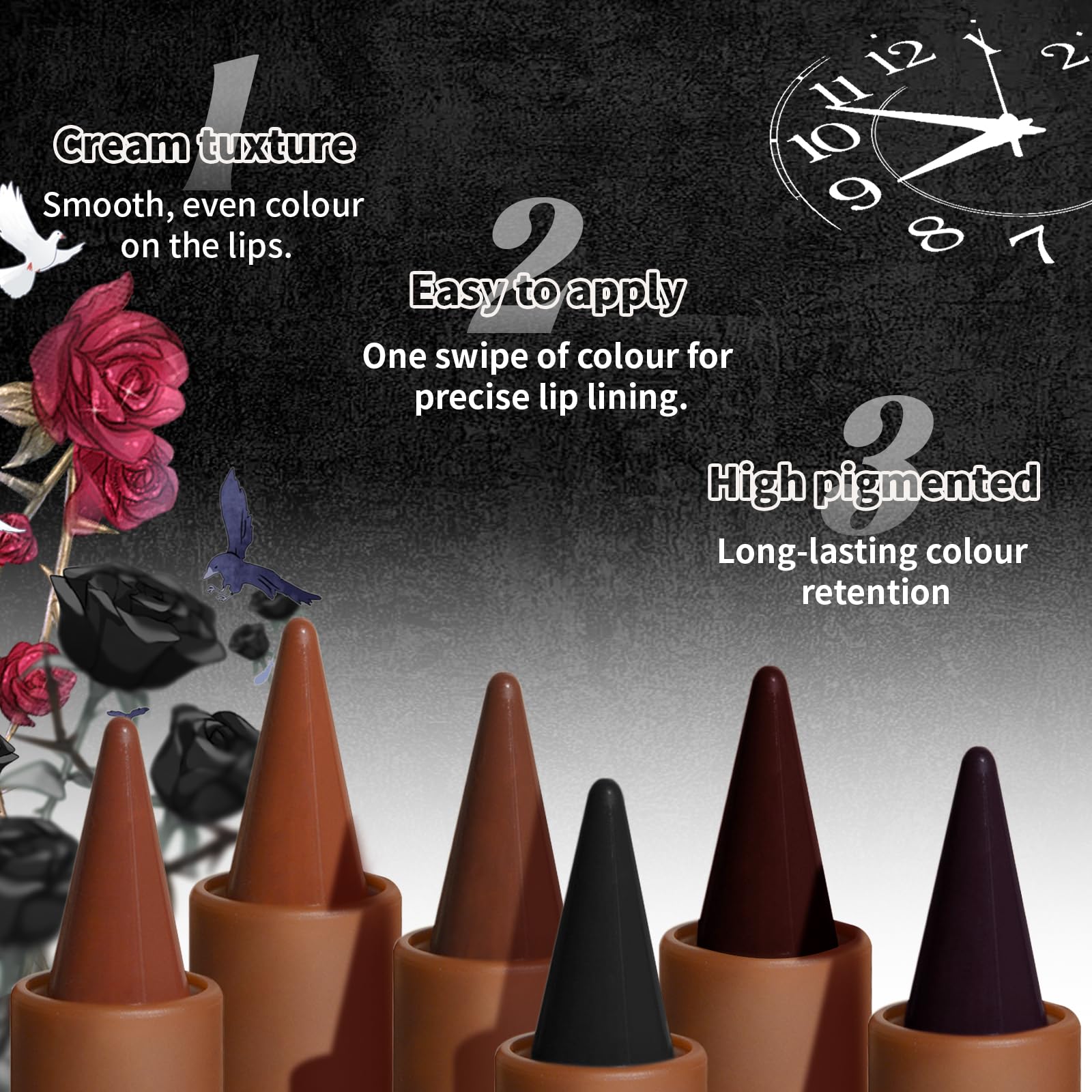 HOSAILY 3 Colors 2 in 1 Gothic Lip Liner Set, Matte Purple Dark Red Black Lip Liner Plumping Smooth Creamy Lip Pencil, High Pigmented Long lasting Lip Stain Lipstick Goth Halloween Makeup, 05+07+08