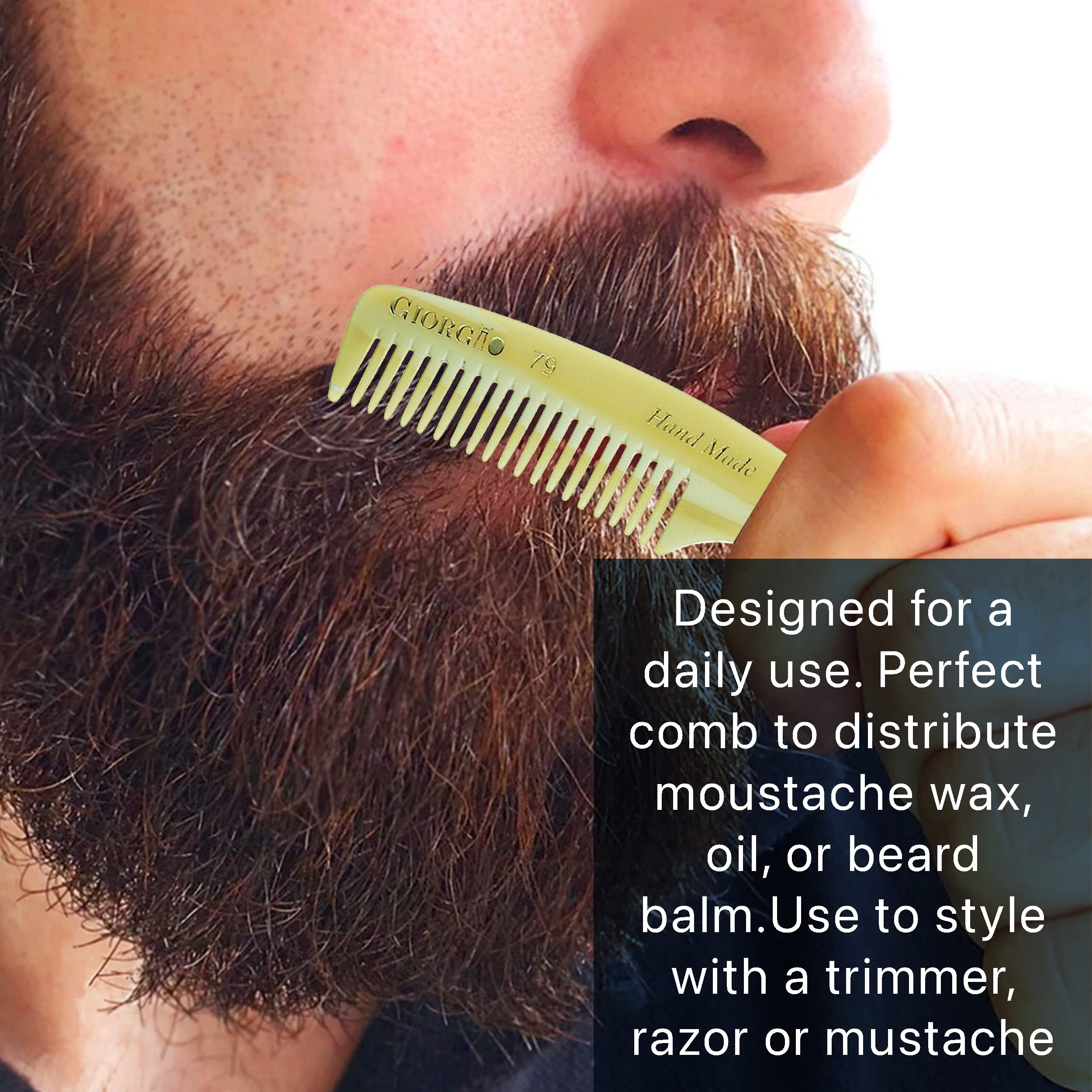 Giorgio G79 Small Men’s Fine Tooth Pocket Beard & Mustache Comb for Facial Hair Grooming, Hand-Made of Cellulose, Saw-Cut, Perfect Man Moustache Comb (4 ¾ in. / 120mm) (2-Pack, Horn)