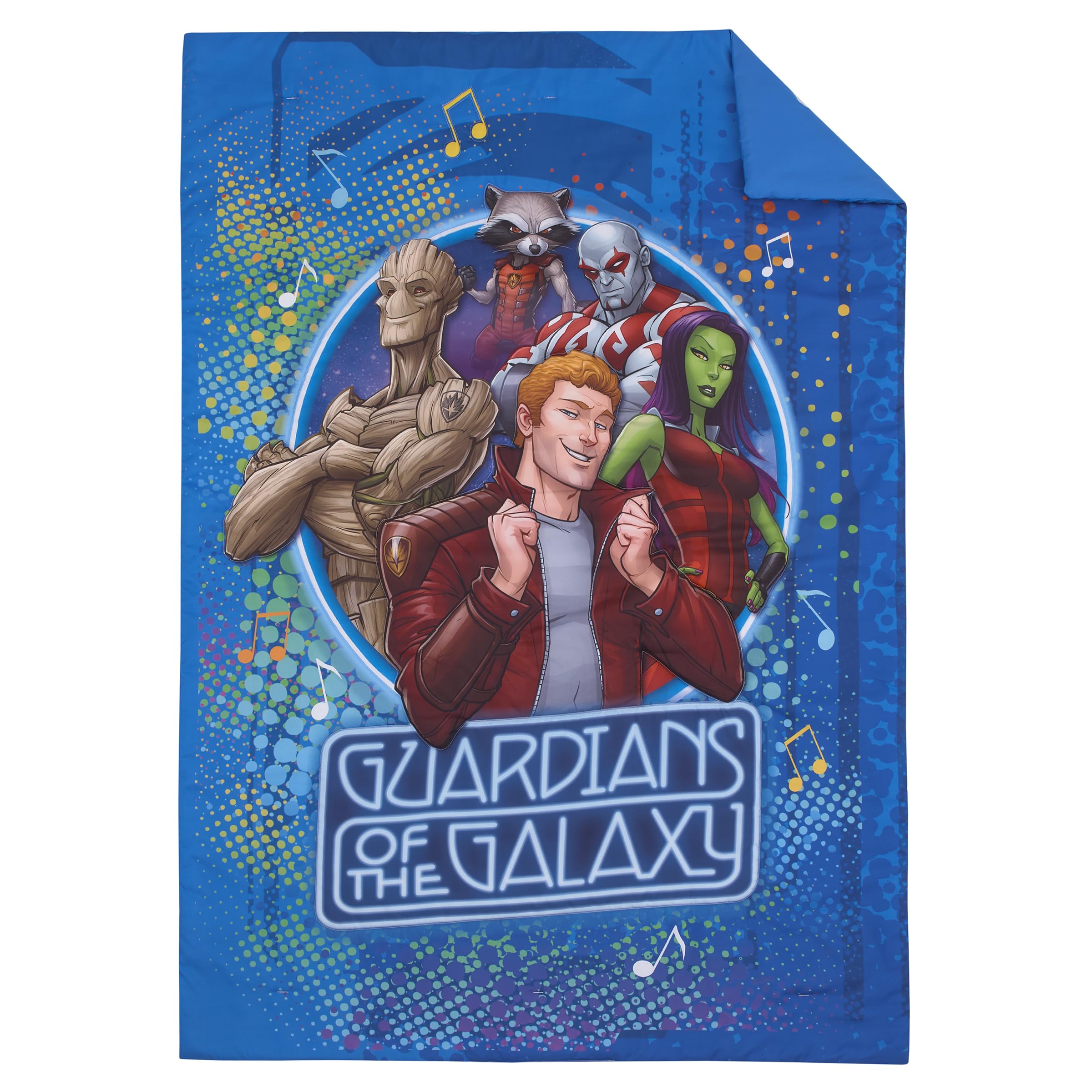 Marvel Guardians of The Galaxy Blue Let's Rock 4 Piece Toddler Bed Set - Comforter, Fitted Bottom Sheet, Flat Top Sheet, and Reversible Pillowcase