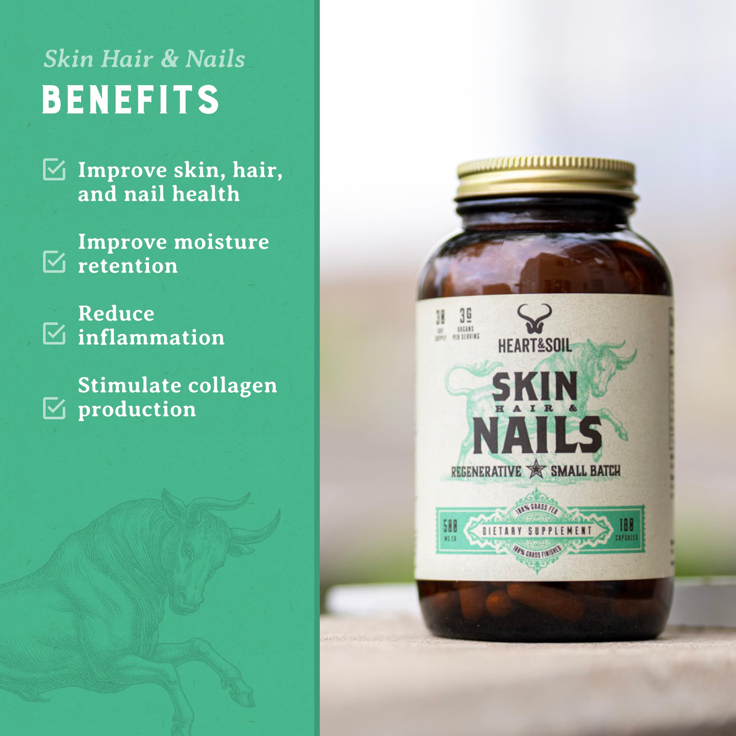 HEART & SOIL - Skin, Hair & Nails Supplement - Hair Skin and Nails Vitamins - Enriched with Biotin, Collagen, Vitamins A & E, Riboflavin, Elastin & More - 180 Capsules