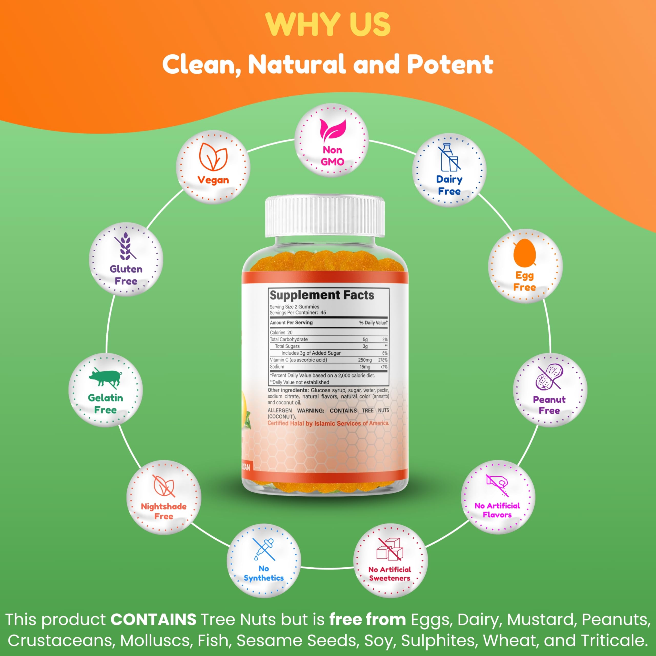 SHIFAA NUTRITION Vegan Vitamin C Gummies | 90 Gummies, 250mg 45 Servings | Non-GMO | Gluten-Free, Gelatin-Free | Immune Support Gummies & Seasonal Support for Kids & Adults Halal Vitamins