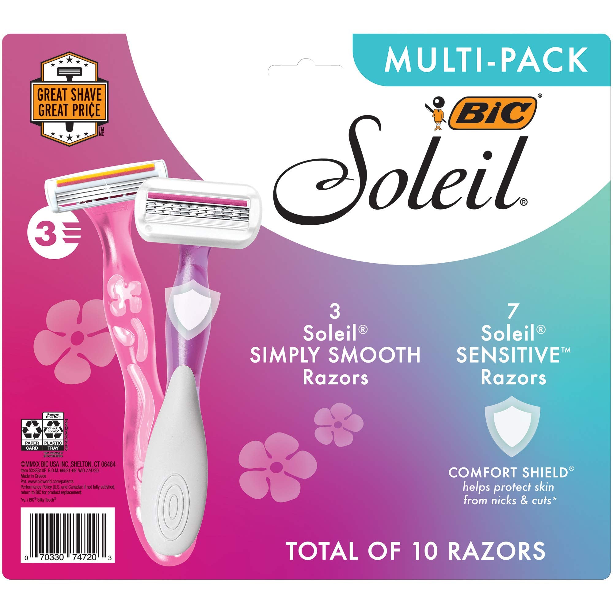 BIC Soleil Disposable Women's Razors, 10-Count Multi-Pack, 3 Soleil Simply Smooth Razors, 7 Soleil Sensitive Razors, 3 Blades for a Smooth Shave