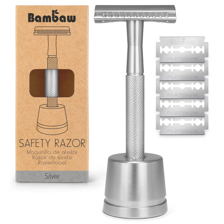 Metal Safety Razor with Razor Stand | Silver Razor | Waste Free | Eco Friendly and Reusable Razor | Shaving Razor | Fits All Double Edged Razor Blades | Metal Razor Safety | Zero Waste Razor | Bambaw