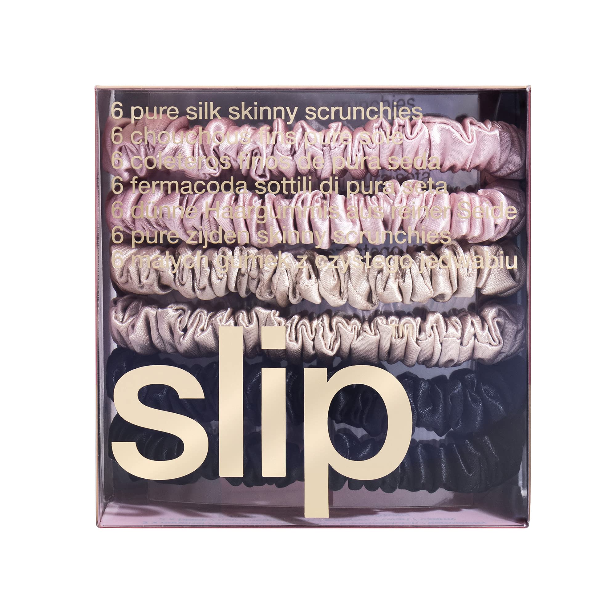 Slip Silk Skinnies Scrunchie Set - Black, Pink, Caramel - Slipsilk Pure Mulberry 22 Momme Silk Hair Tie, Designed to be Gentle & Avoid Hair Crease (6 Scrunchies)