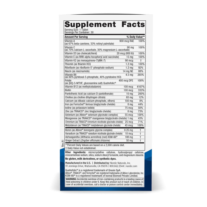 Nordic Naturals Women’s Multivitamin One Daily - Skin, Hair, Energy, & Bone Support - Immunity Supplement - 20 Essential Nutrients - 30 Tablets - 30 Servings