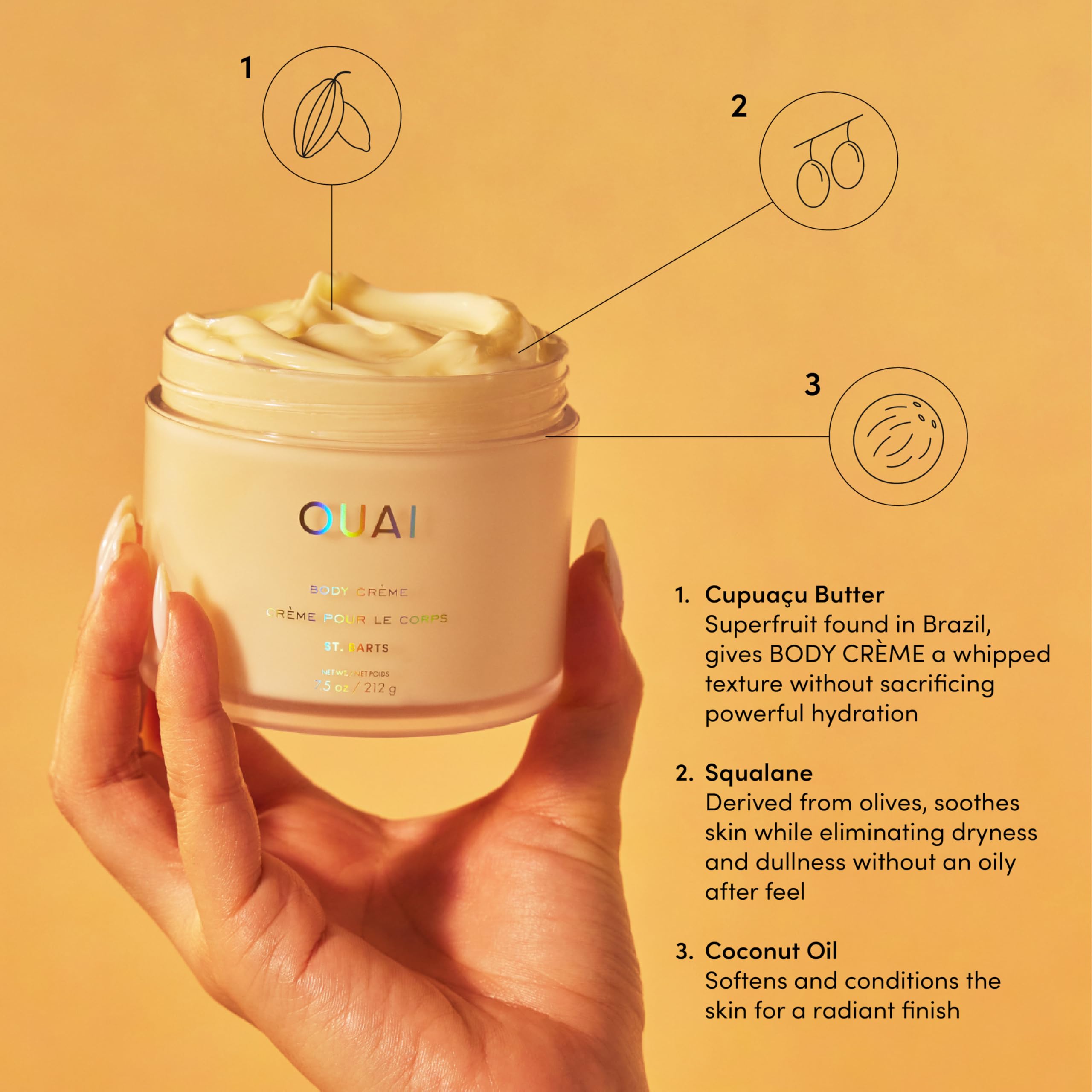 OUAI Body Cream, St. Barts - Hydrating Whipped Body Cream with Cupuaçu Butter, Coconut Oil and Squalane - Softens Skin and Delivers Healthy-Looking Glow - Sulfate-Free Skin Care (7.5 Oz)