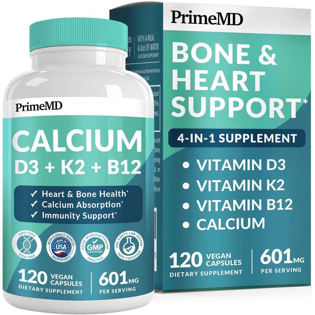 4-in-1 Calcium Supplements for Women and Men - Calcium 600mg with Vitamin D3 K2 5000 IU Supplement for Heart, Bone and Body Defenses - Gluten-Free, Vegan-Friendly (120 ct)